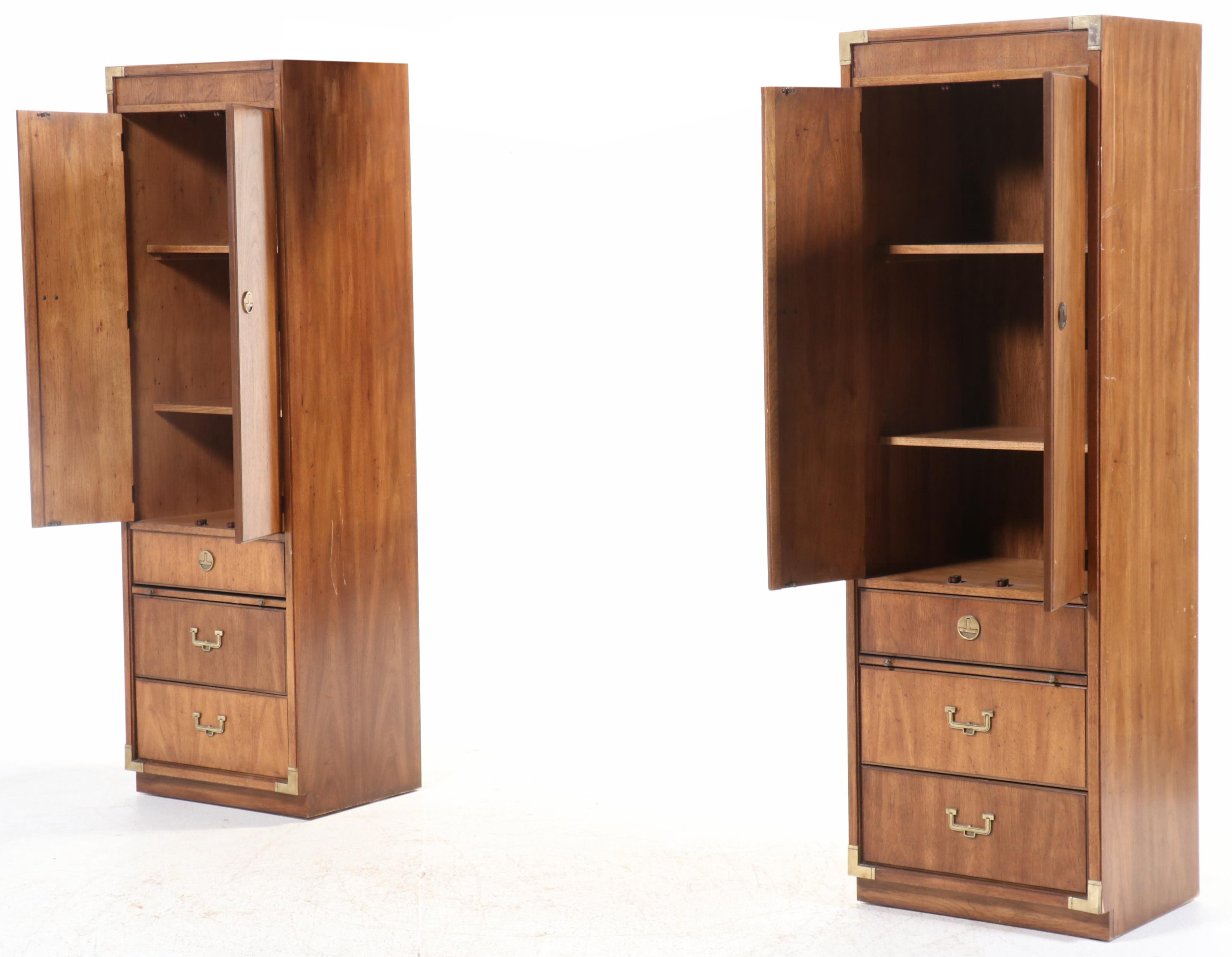 Pair of Huntley Campaign Style Pecan Veneer Cabinets