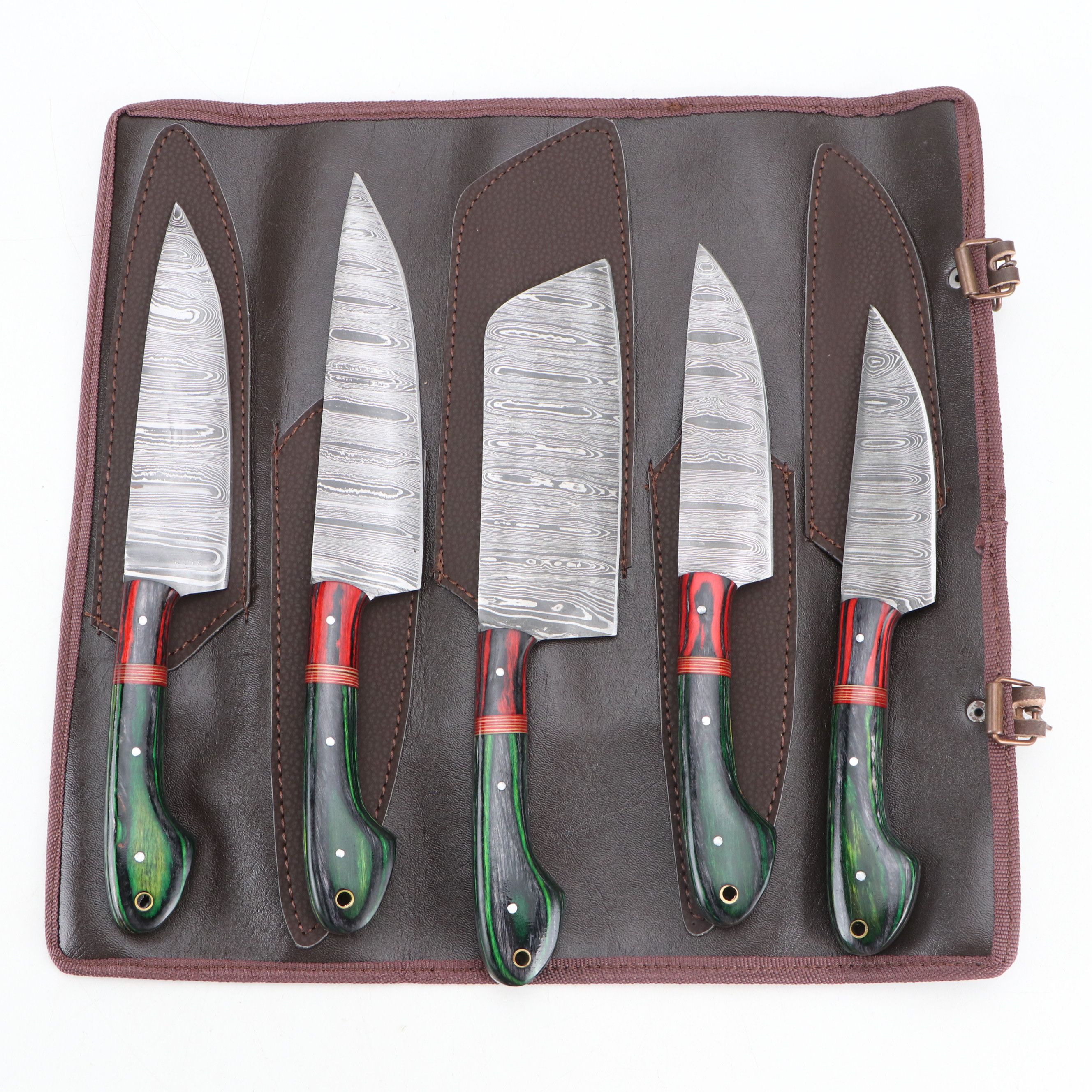 Louis Martin Damascus Steel and Wooden Handled Chef's Knife Set in Roll