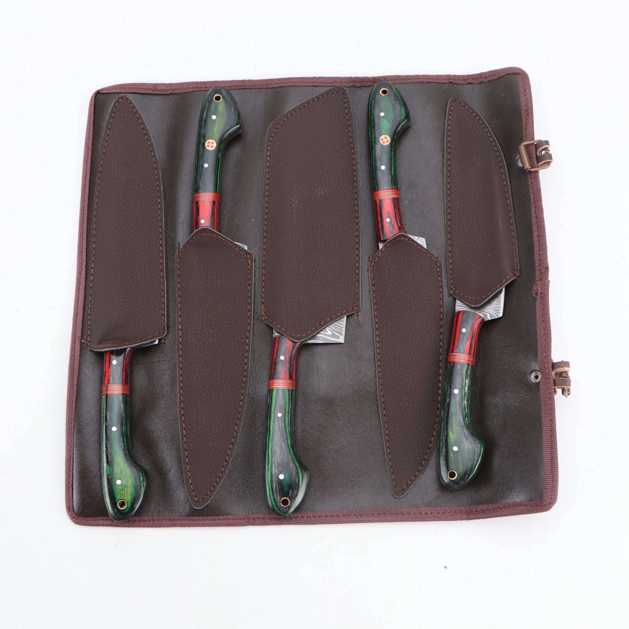 Louis Martin Damascus Steel and Wooden Handled Chef's Knife Set in Roll