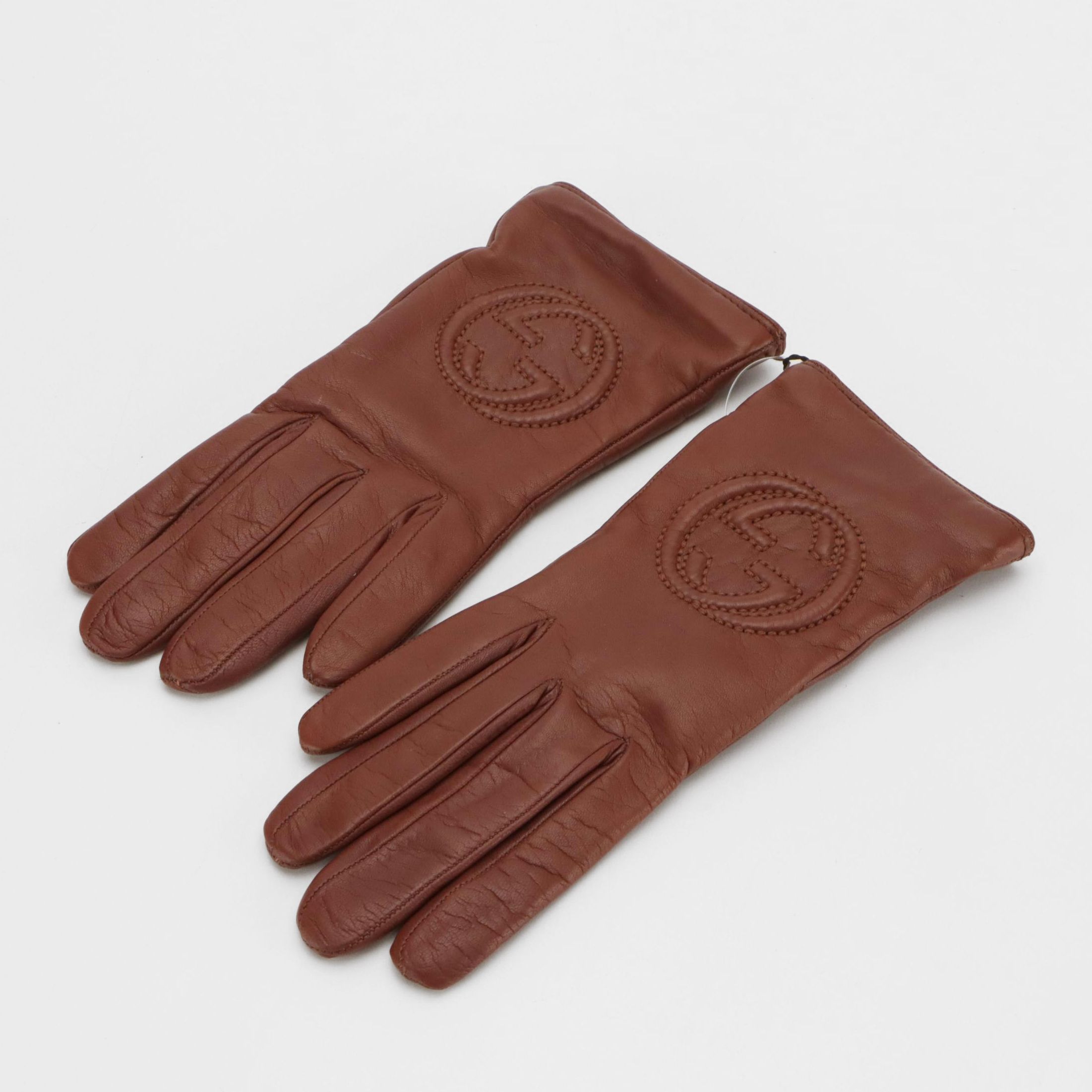 Gucci Cashmere Lined Brown Leather Sport Glove with GG Embroidery