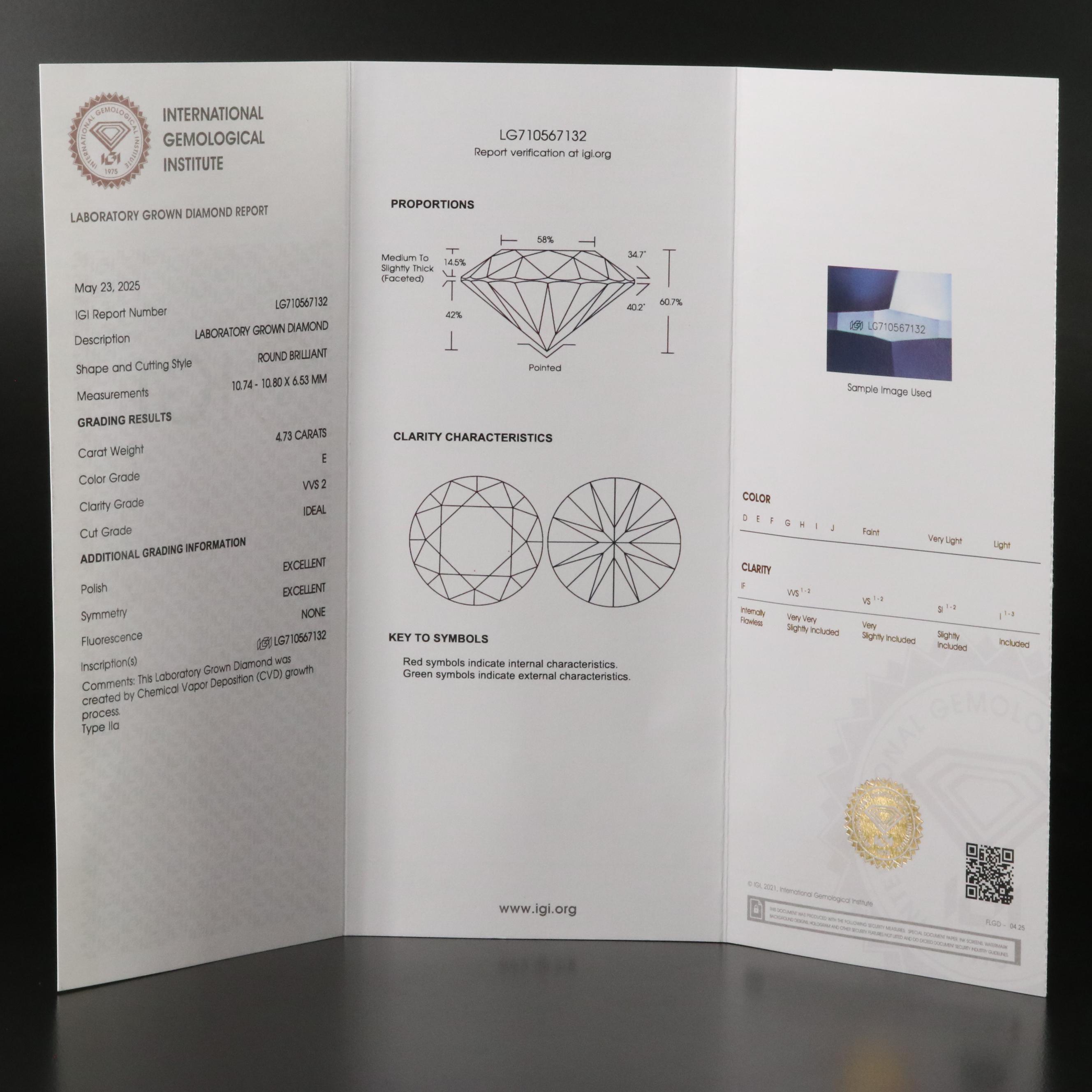 Loose 4.73 CT Lab Grown Diamond with IGI Report