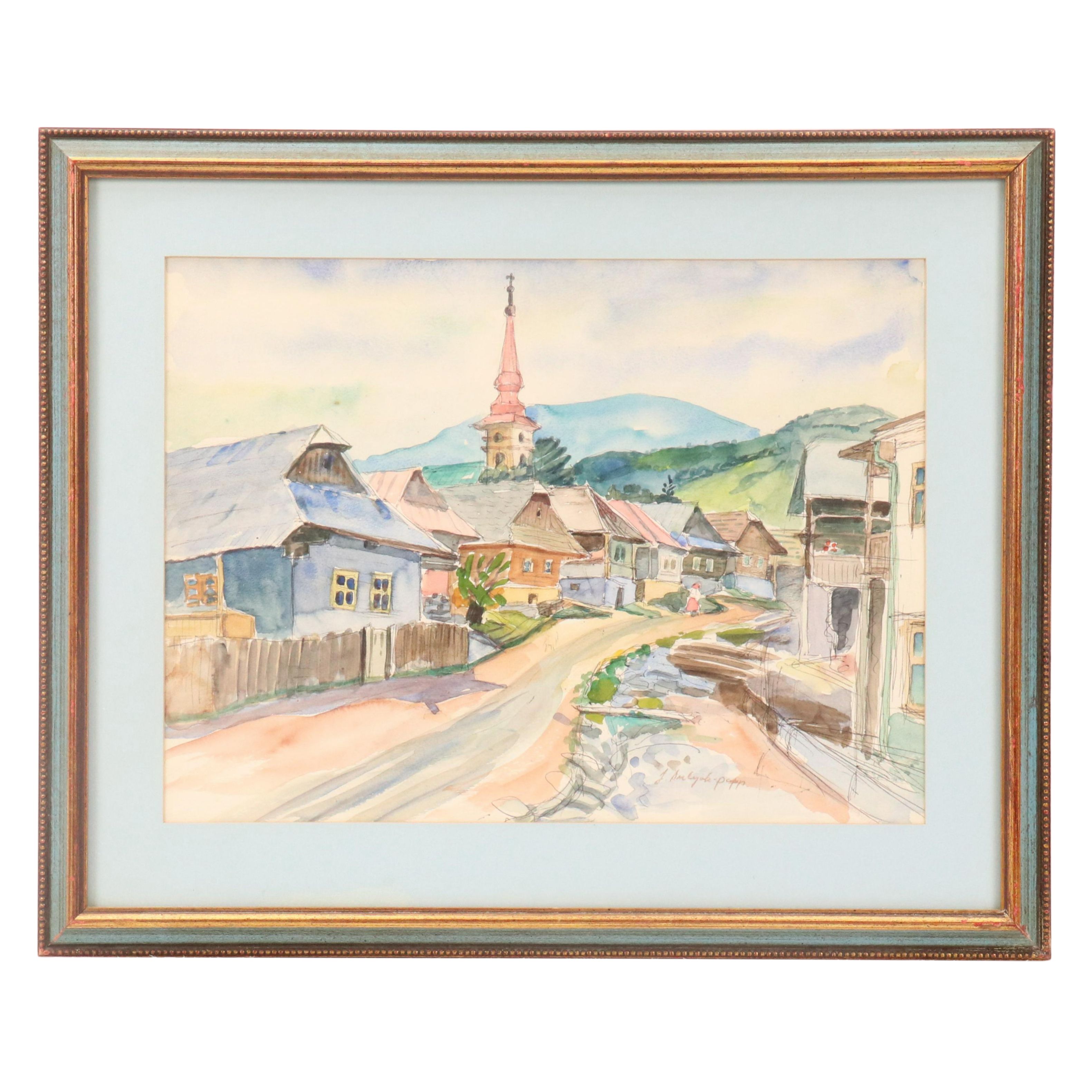 Jozsef Sulyok-Papp Village Street Scene Watercolor Painting