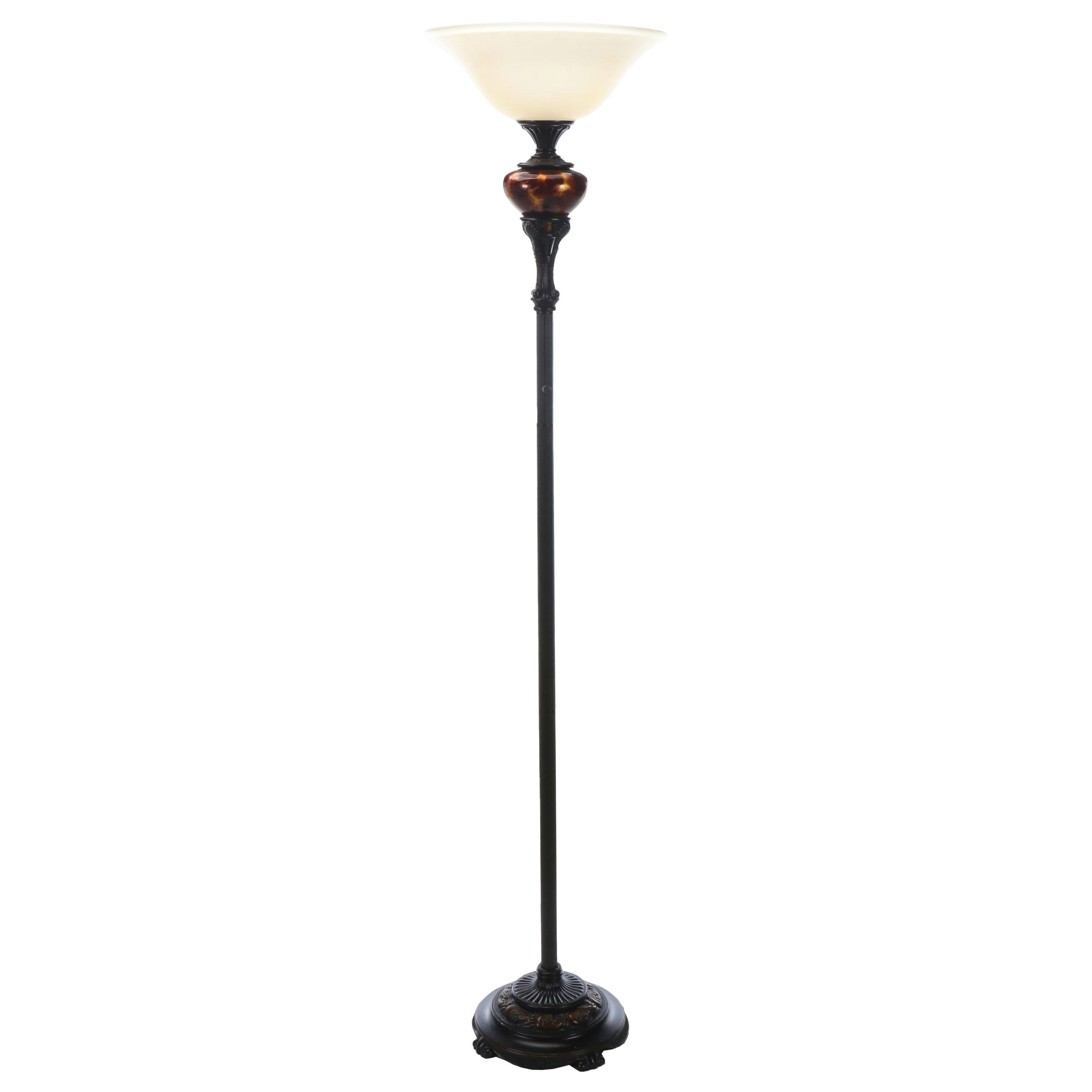 Oil Rubbed Bronze and Tortoise Glass Torchiere Floor Lamp with Satin Glass Shade