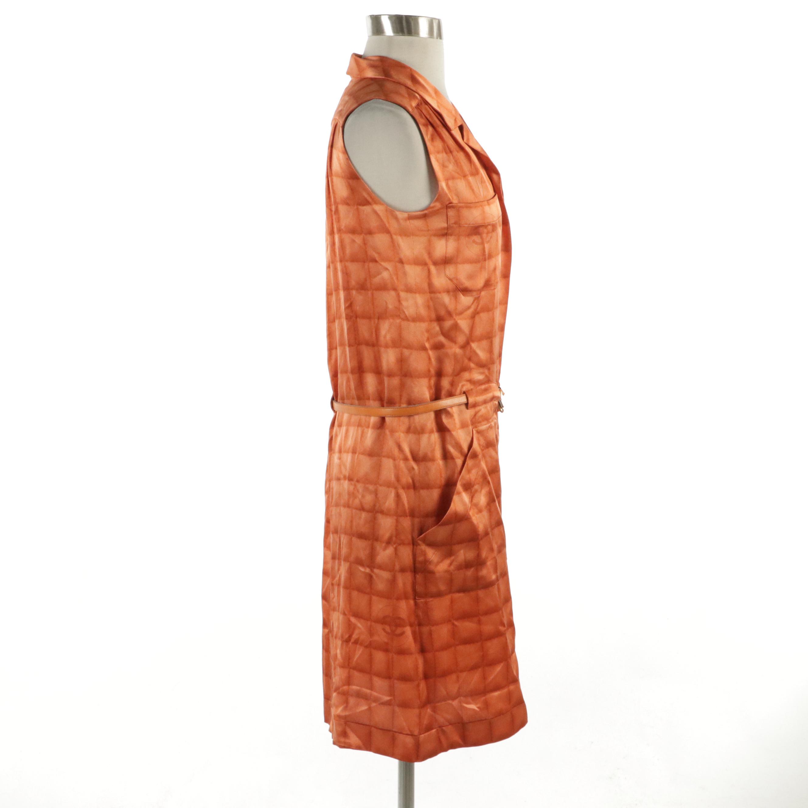 Chanel Sleeveless Belted Shirt Dress in Orange Grid Illusion Printed Silk, 2000