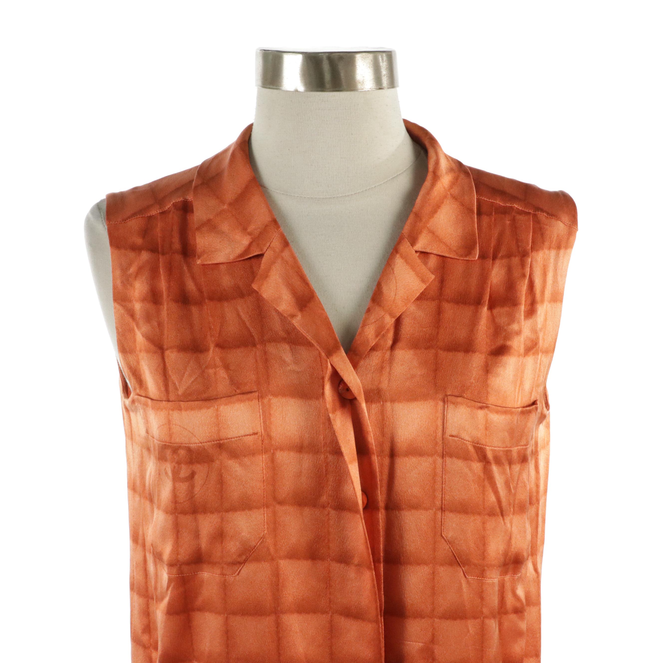 Chanel Sleeveless Belted Shirt Dress in Orange Grid Illusion Printed Silk, 2000