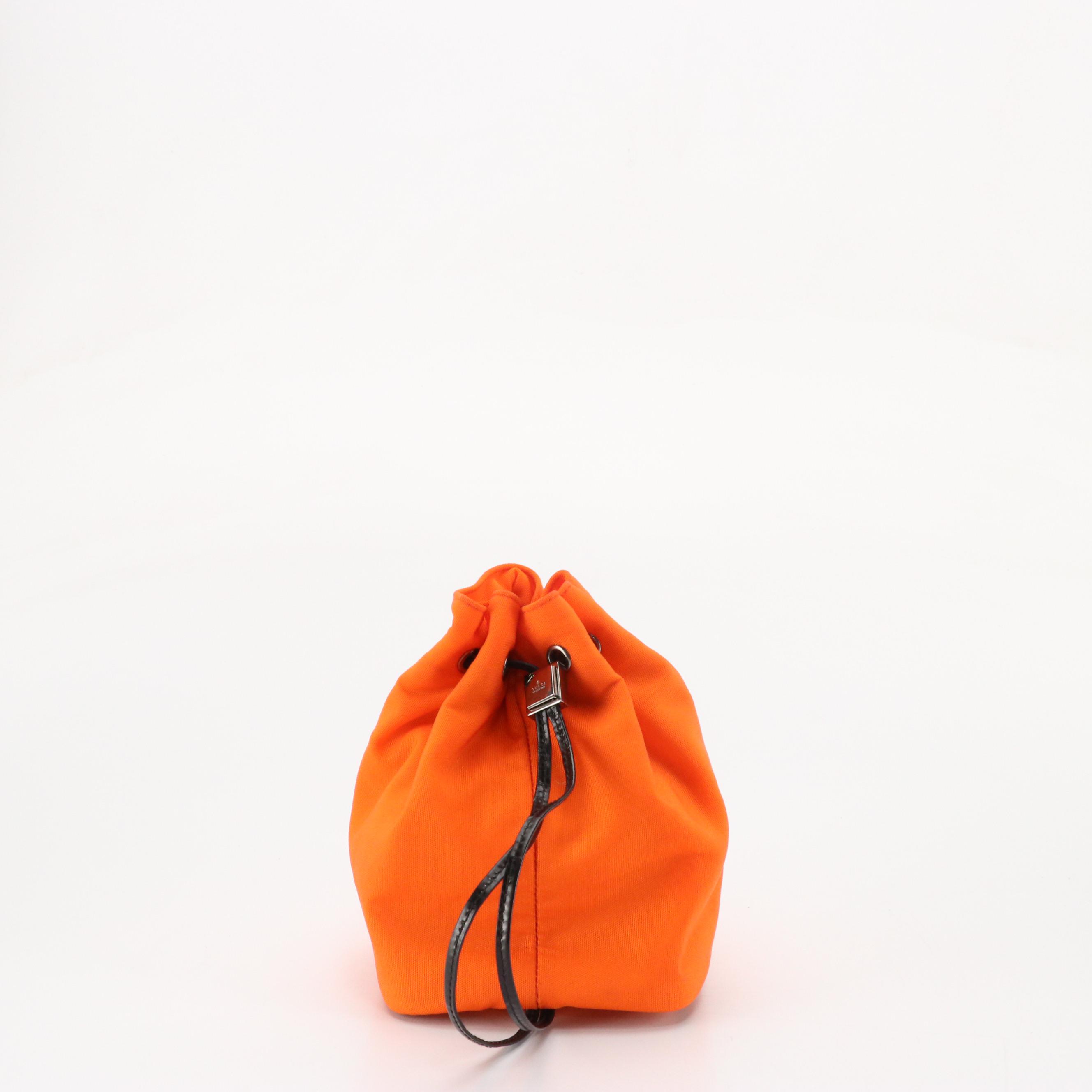 Gucci Drawstring Mini Pouch in Neon Orange Nylon Canvas and Black Patent Leather