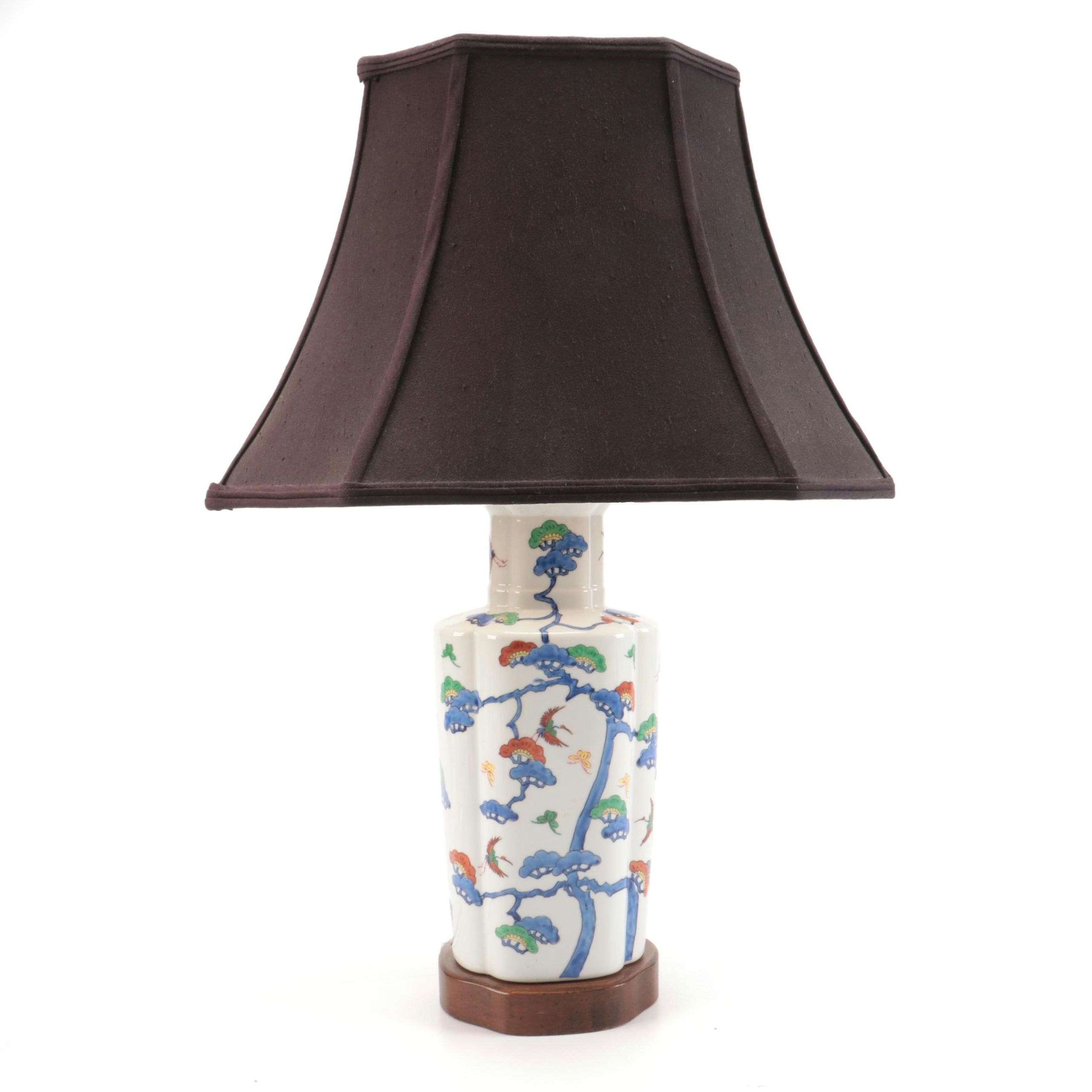 Chinese Porcelain Lobed Vase Table Lamp and Black Silk Shade