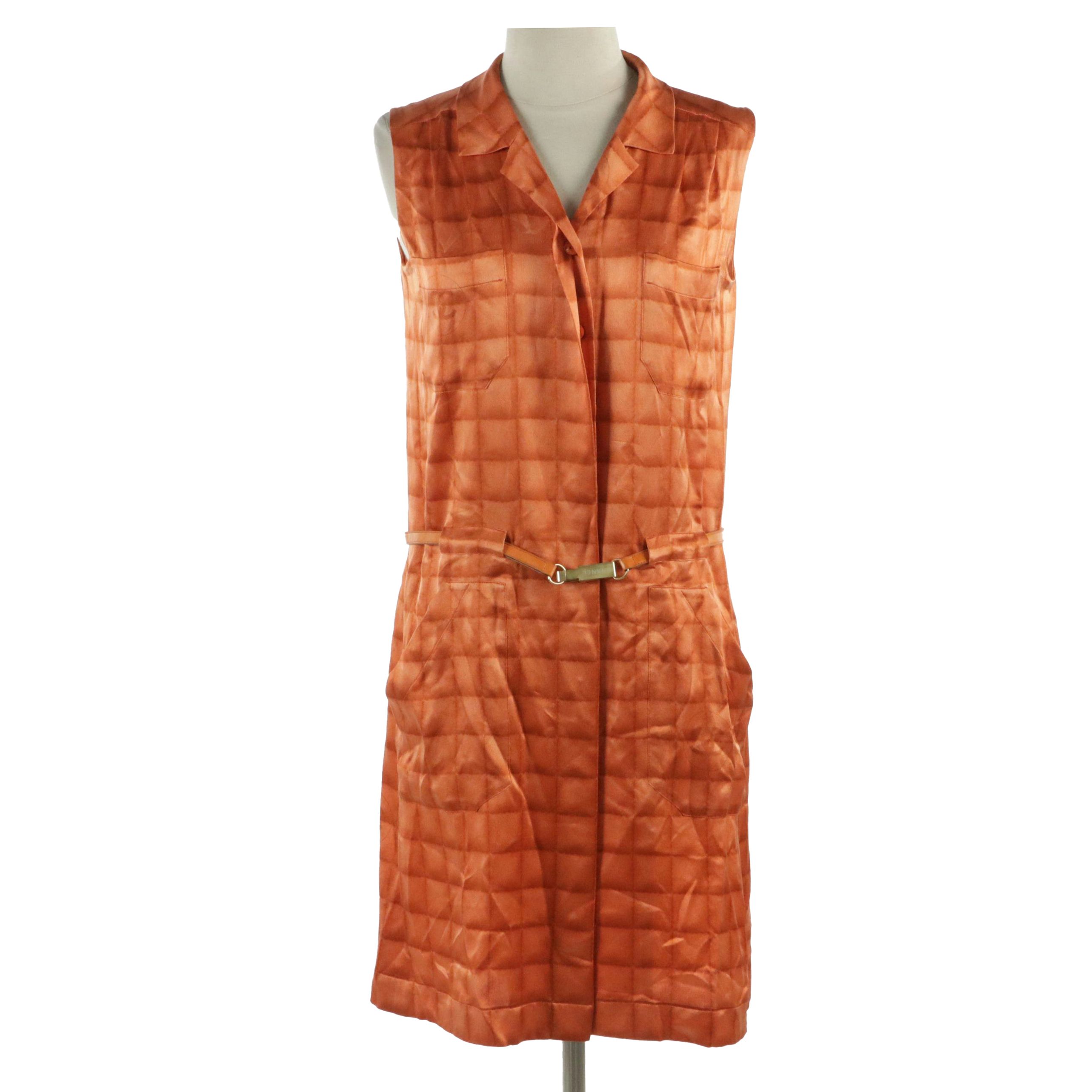 Chanel Sleeveless Belted Shirt Dress in Orange Grid Illusion Printed Silk, 2000