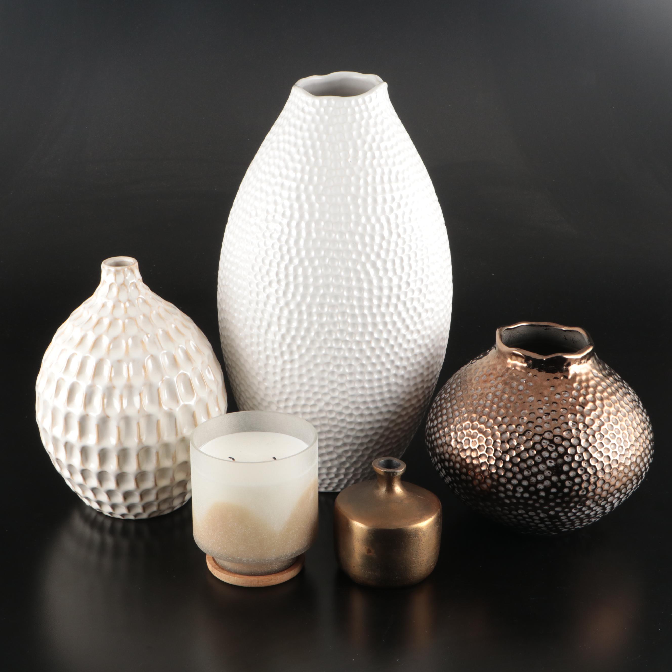 Arhaus Contemporary Pebbled Ceramic Vases with Candle