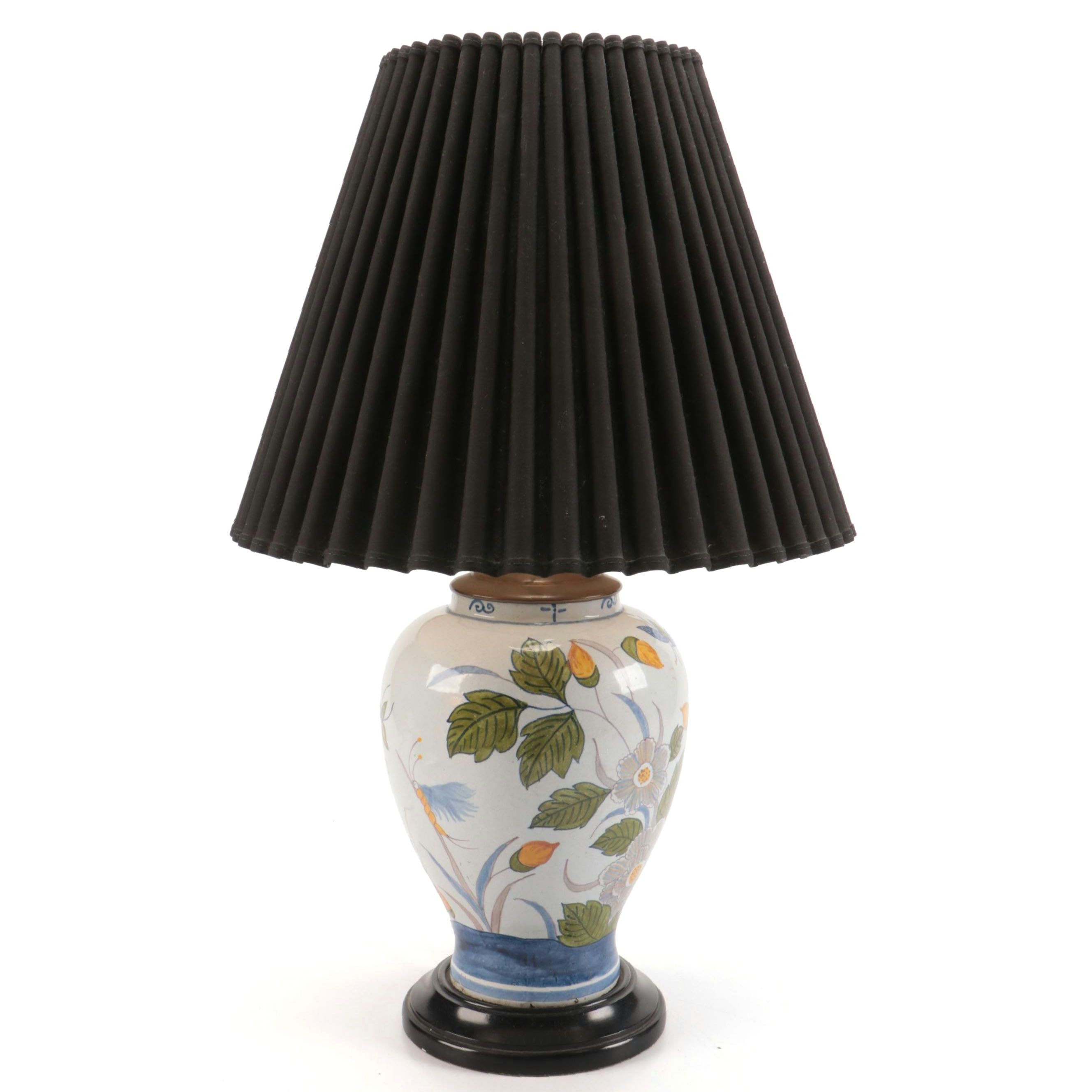 Chinese Ceramic Table Lamp with Peony Motif and Black Shade