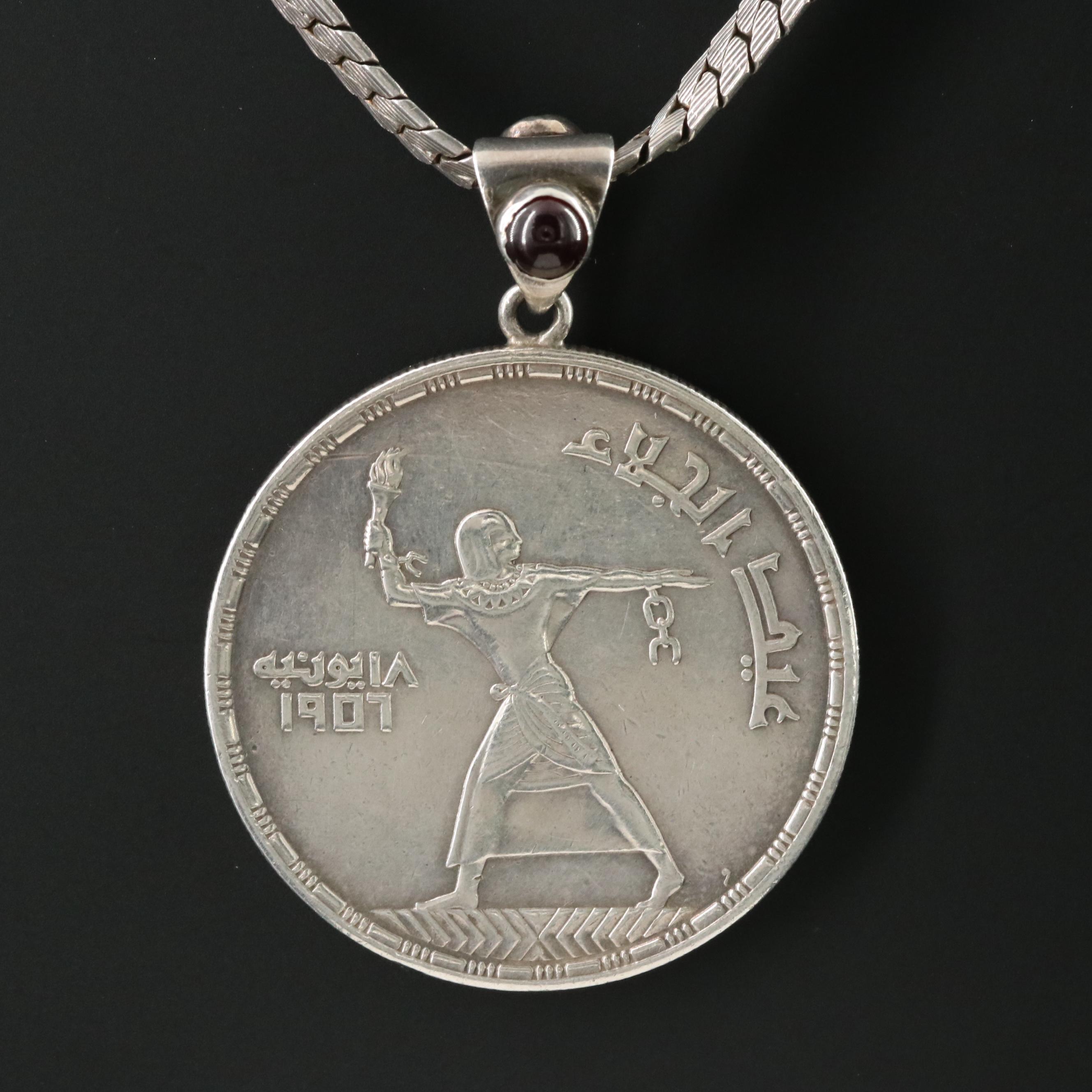 Sterling Necklace with Garnet and 1956 Egypt 50-Piastres Commemorative Coin