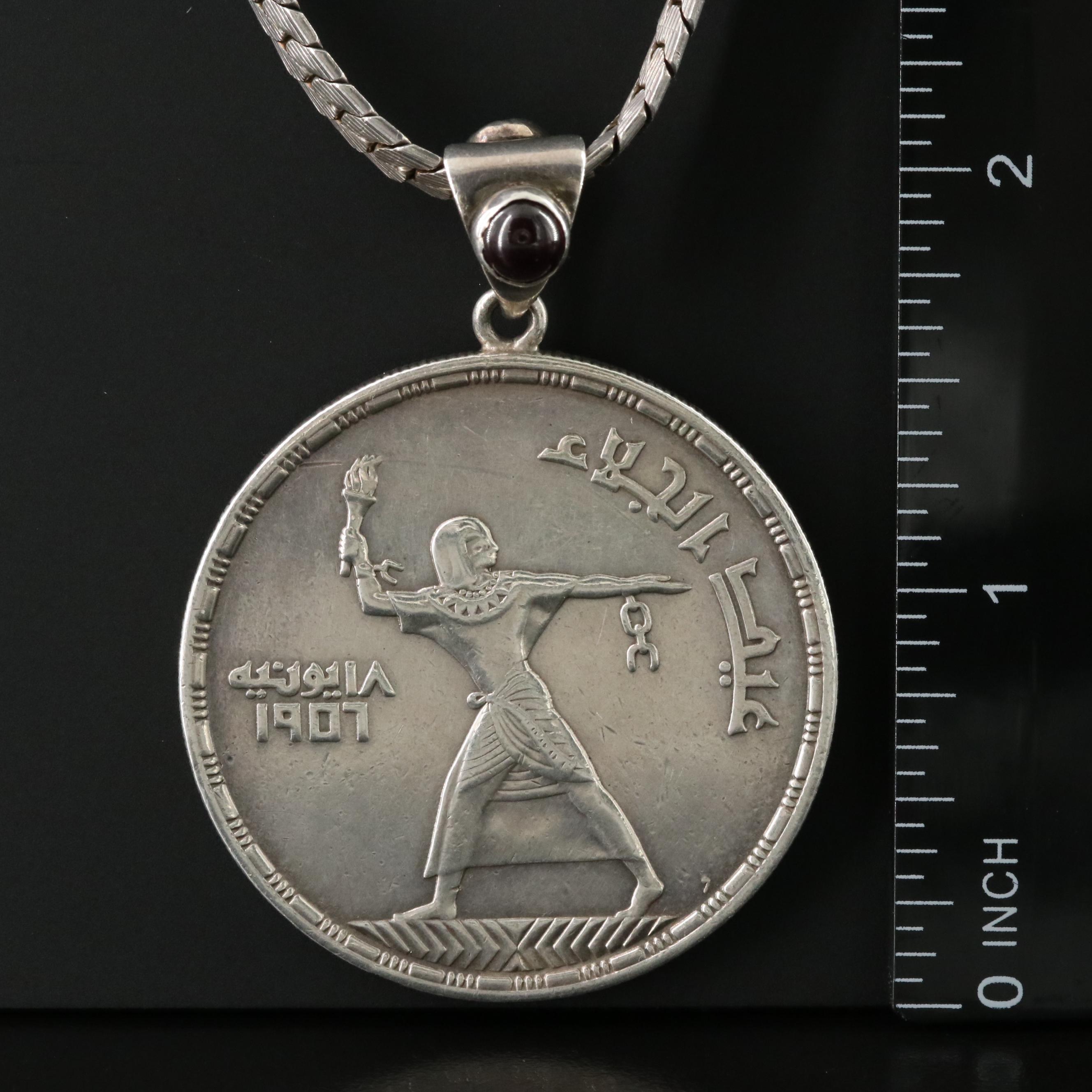 Sterling Necklace with Garnet and 1956 Egypt 50-Piastres Commemorative Coin