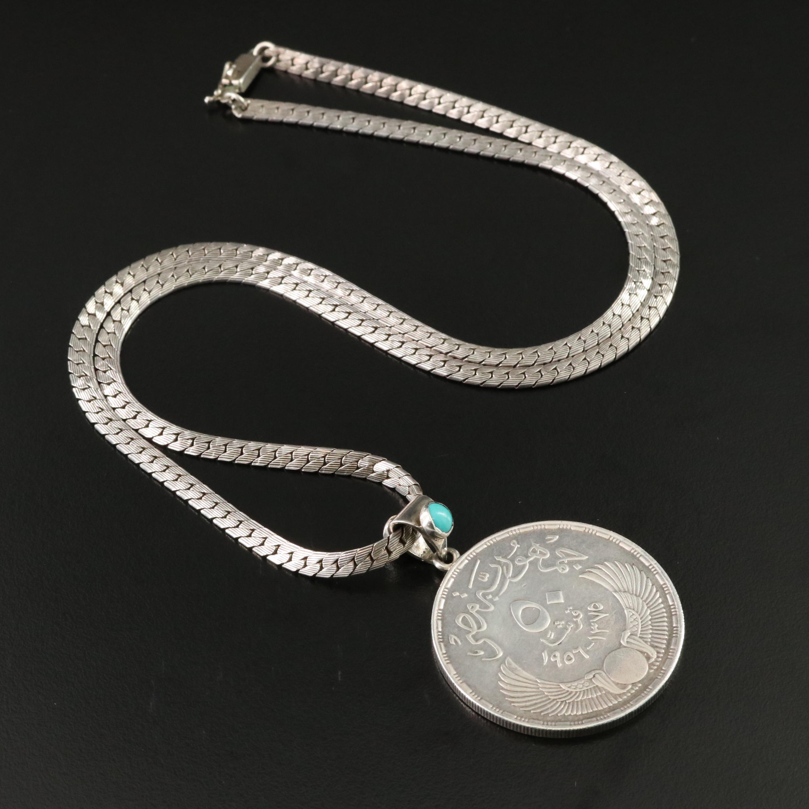 Sterling Necklace with Garnet and 1956 Egypt 50-Piastres Commemorative Coin
