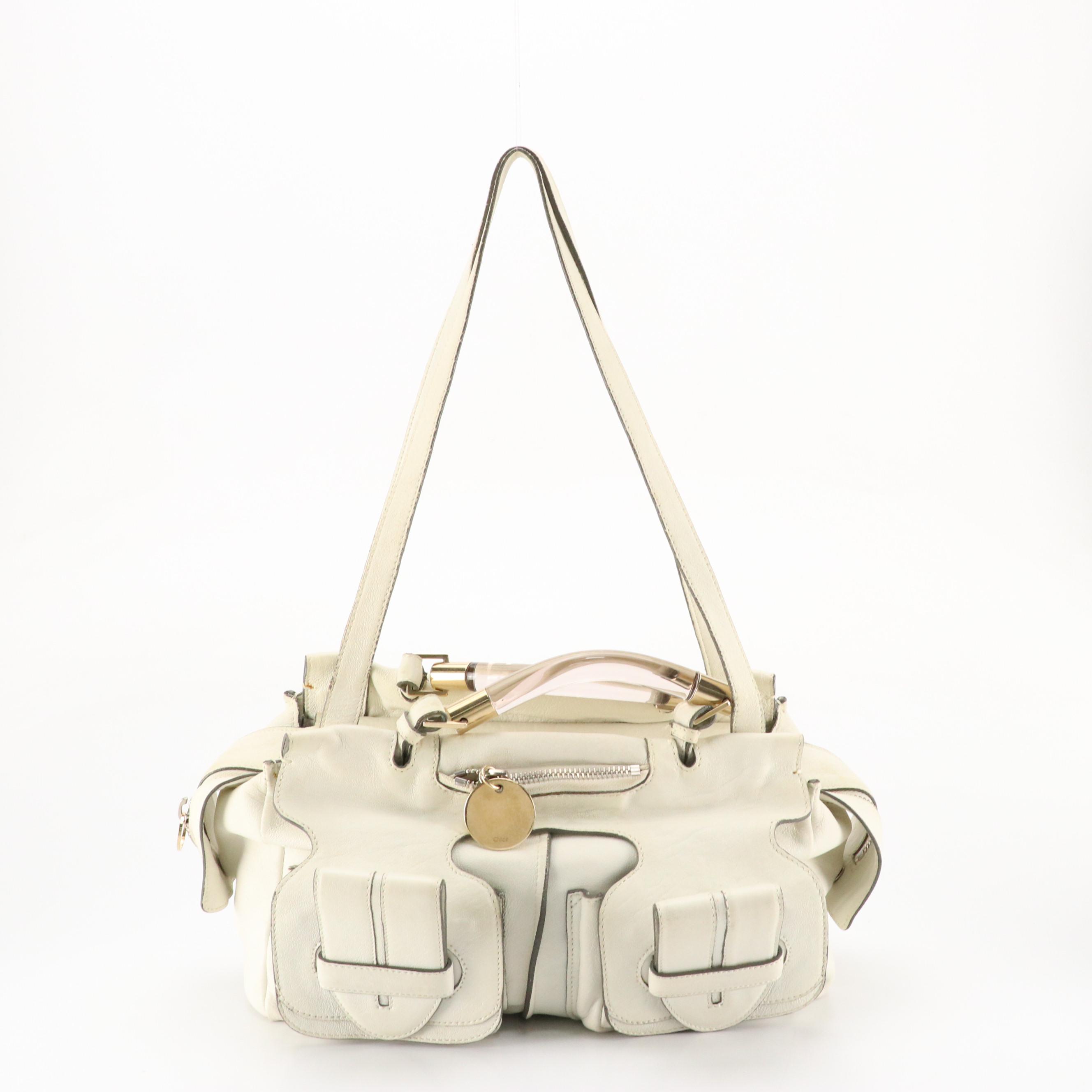 Chloé Saskia Two-Way Bag in Ivory Grained Leather with Lucite Handles