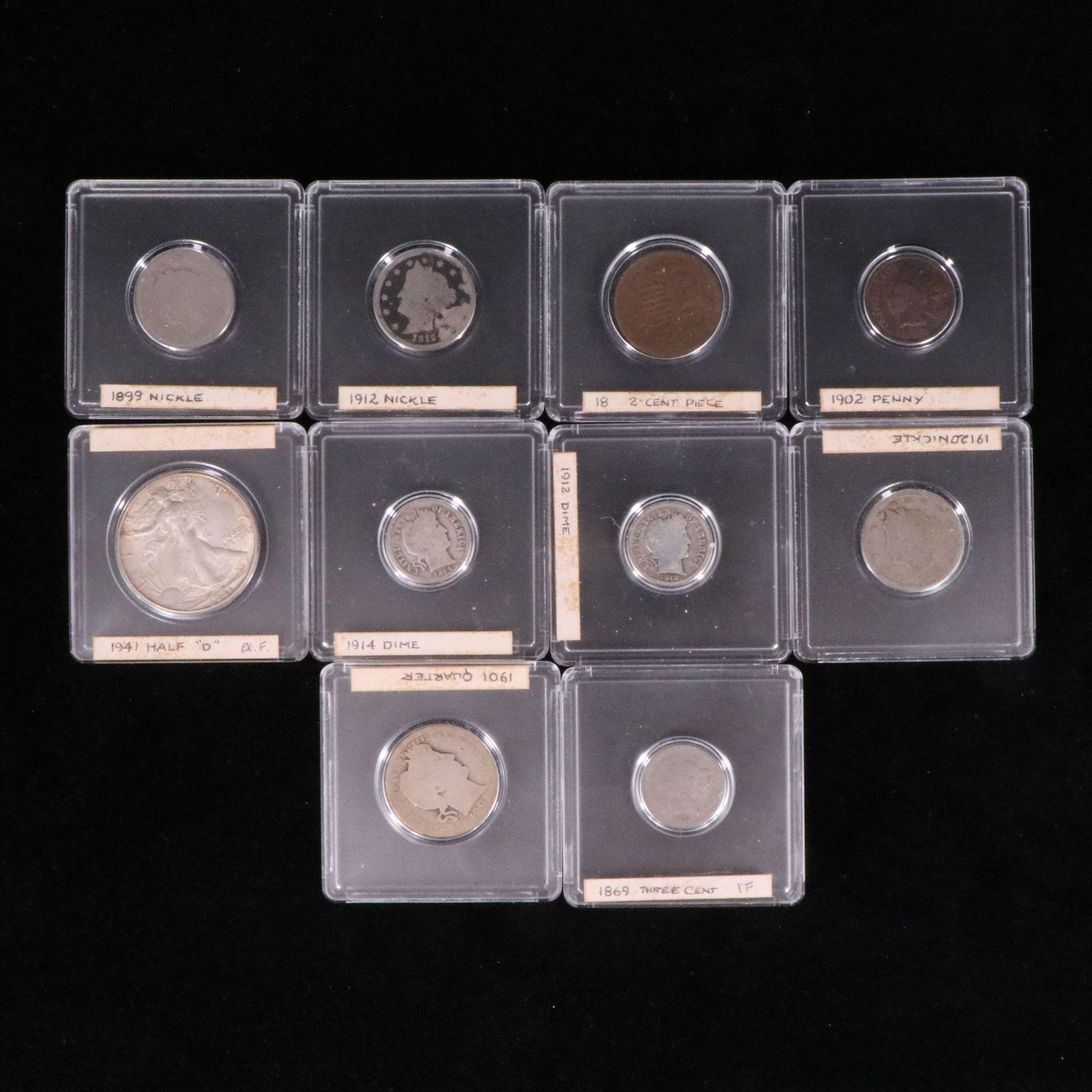 Ten Antique U.S. Coins, Including Barber Silver Coins