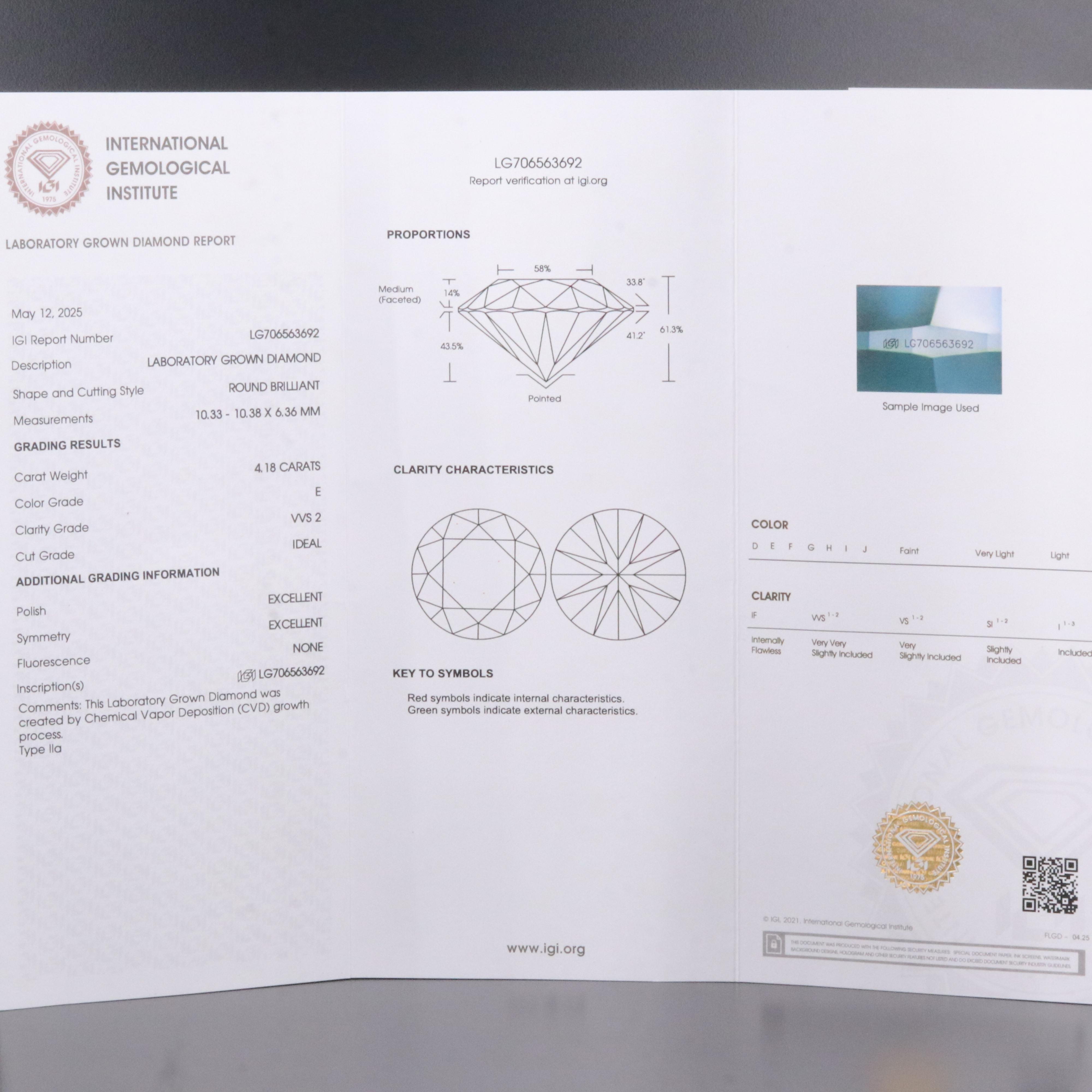 Loose 4.18 CT Lab Grown Diamond with IGI Report
