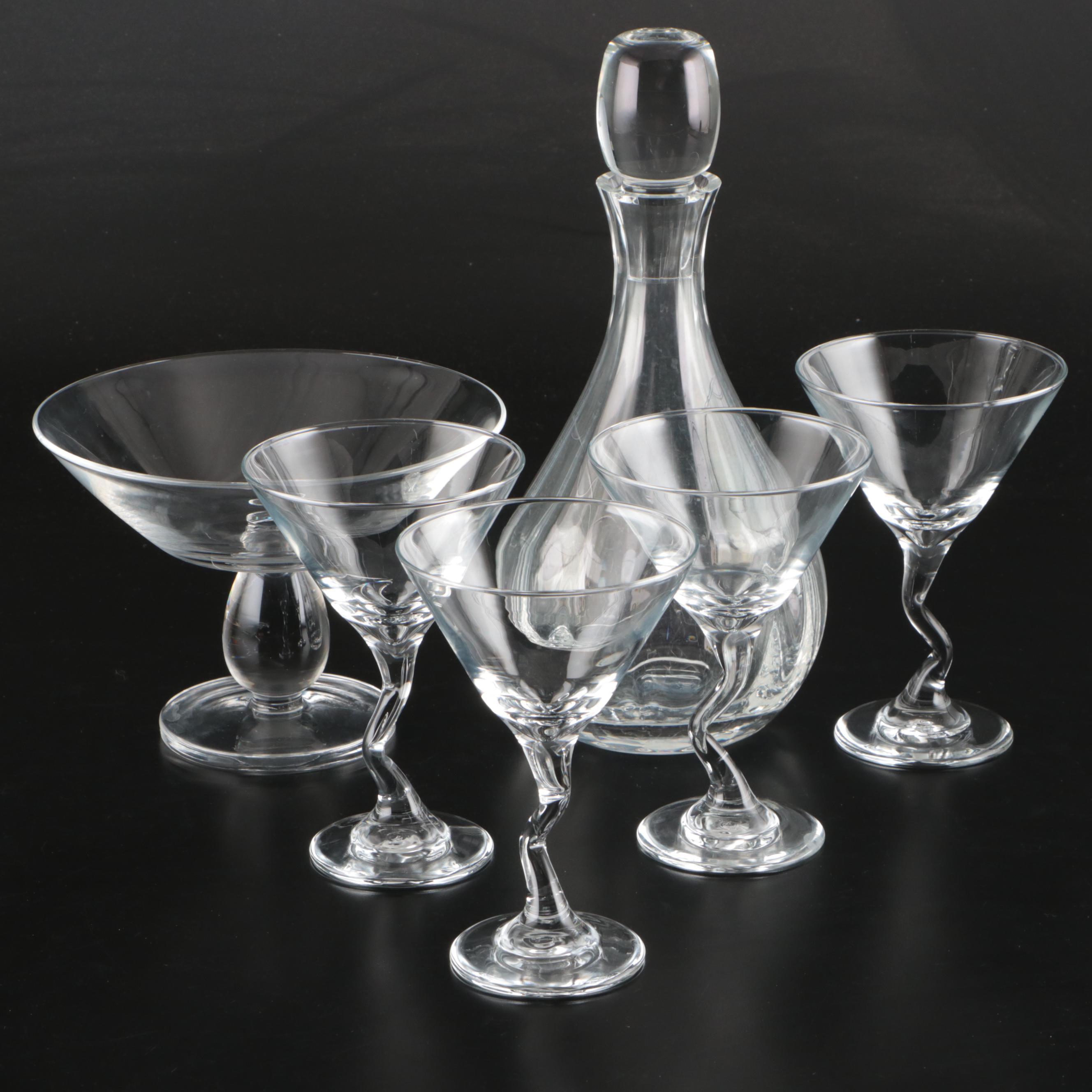 Lenox Crystal Decanter, Glass Martini Glasses, and Glass Footed Bowl