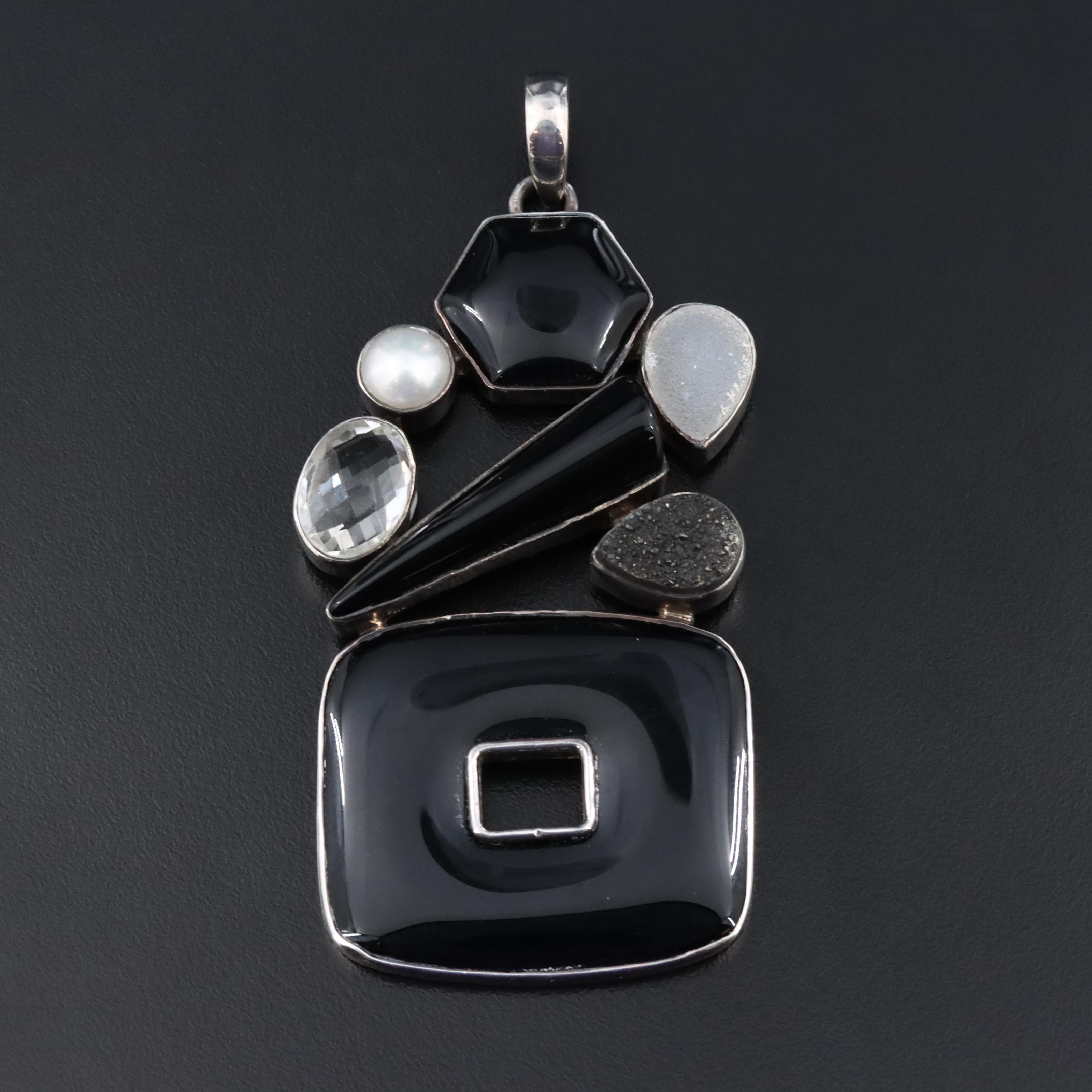 Sterling Black Onyx, Rock Crystal, Druzy and Pearl Pendant