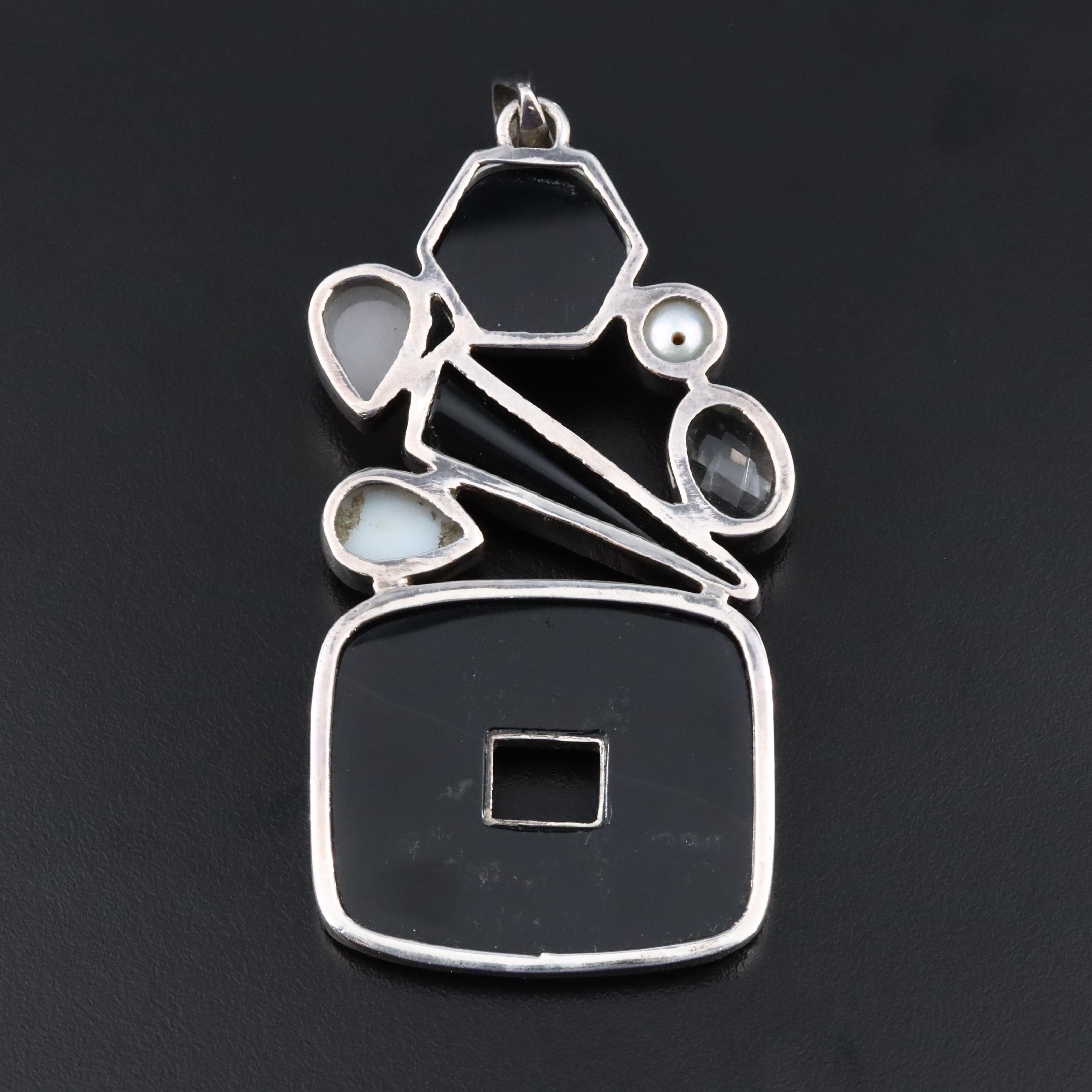 Sterling Black Onyx, Rock Crystal, Druzy and Pearl Pendant
