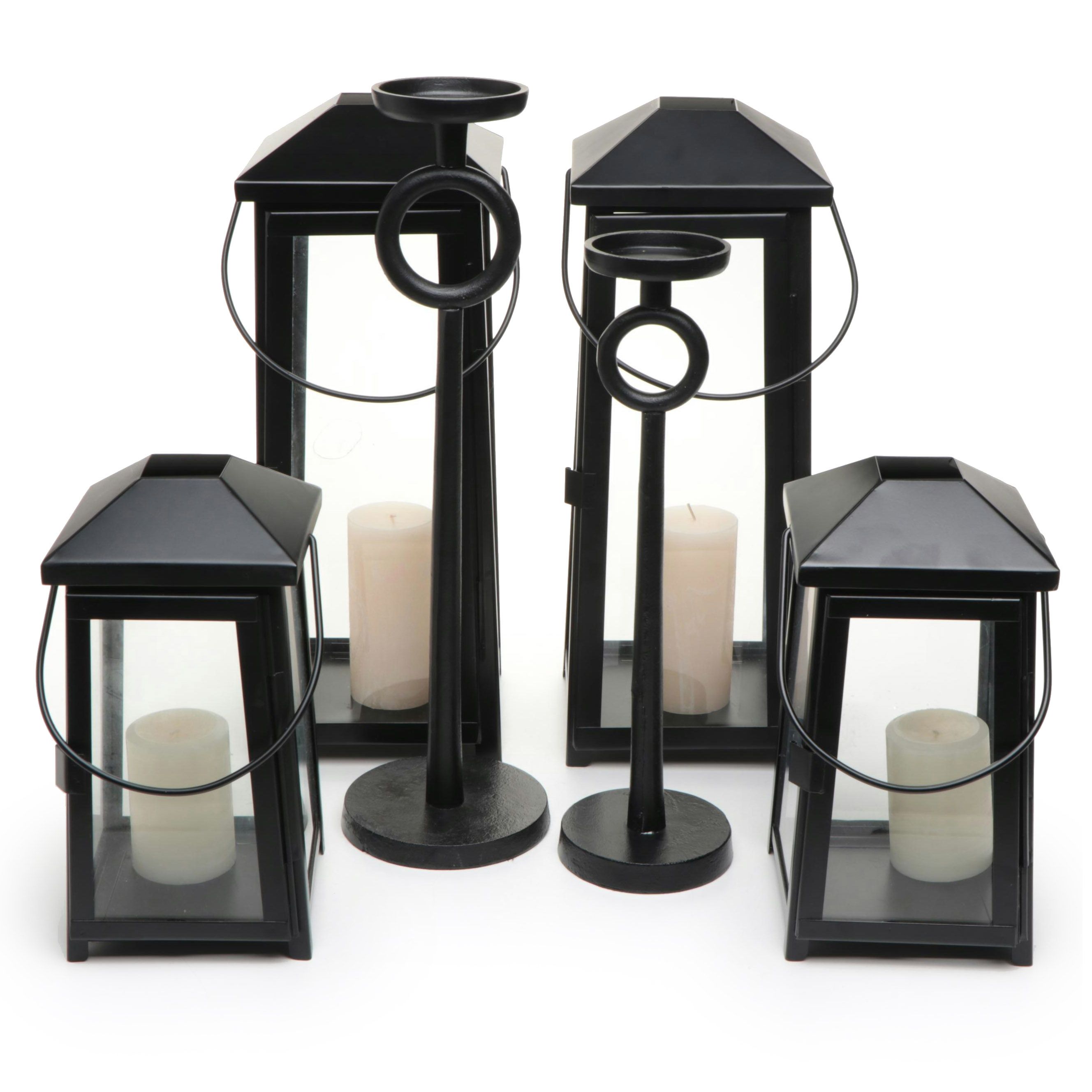 Crate & Barrel Black Matte Metal Lanterns with Other Metal Candle Holders