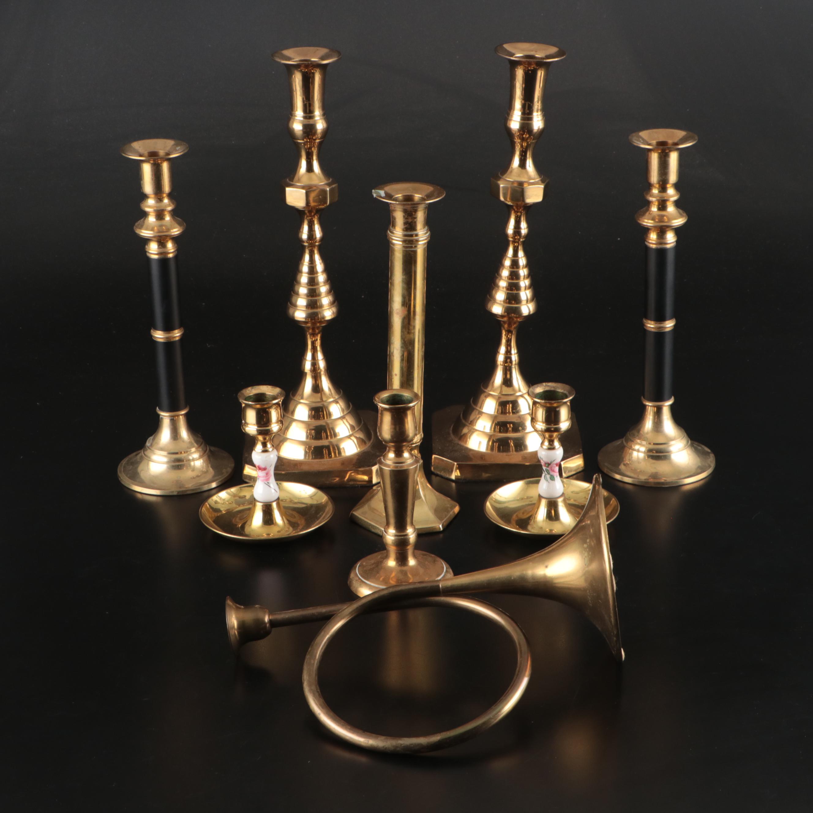 Brass Horn-Shaped Candlestick with Beehive Pair and More