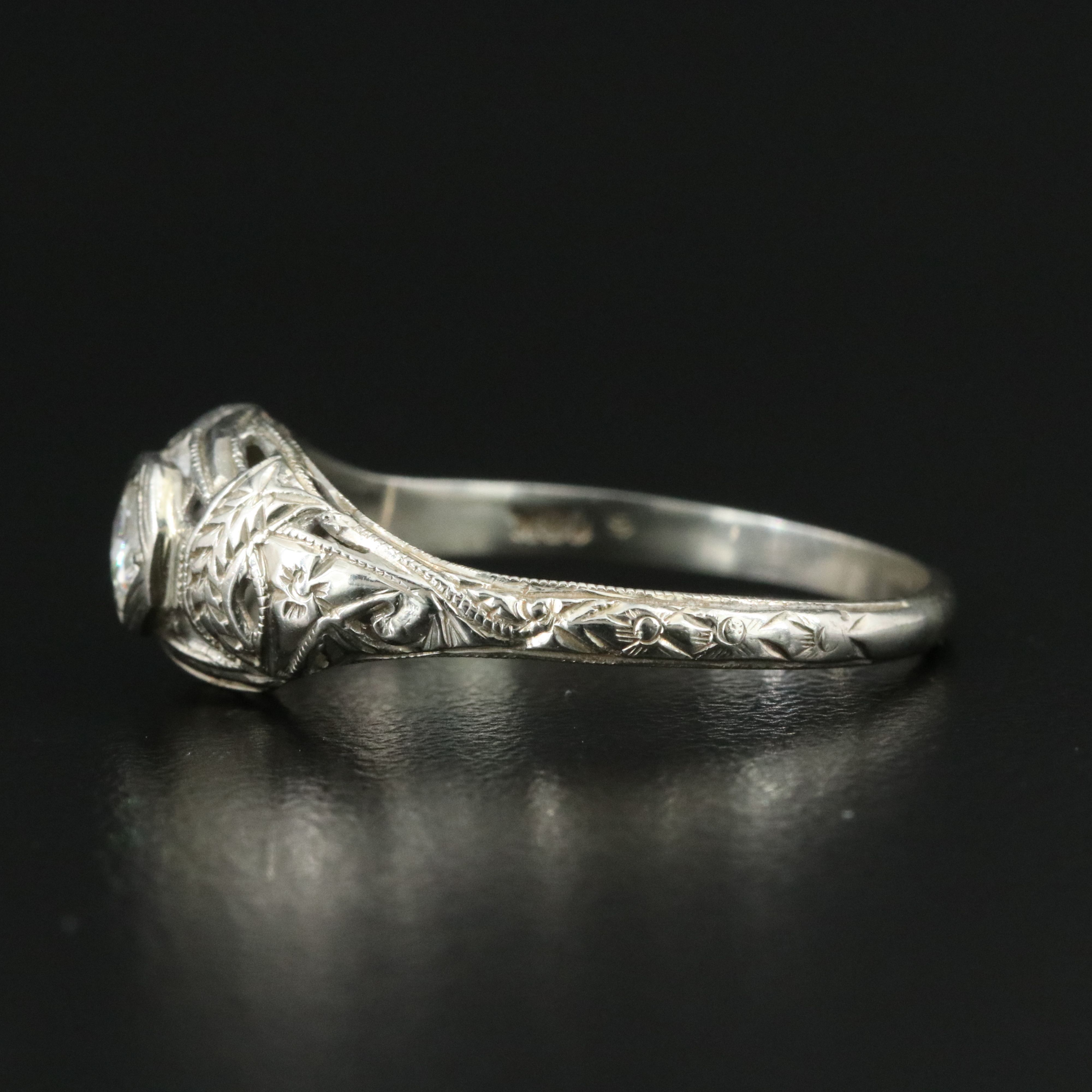 Edwardian 18K 0.21 CT Diamond Solitaire Ring with Engraved Orange Blossom Design