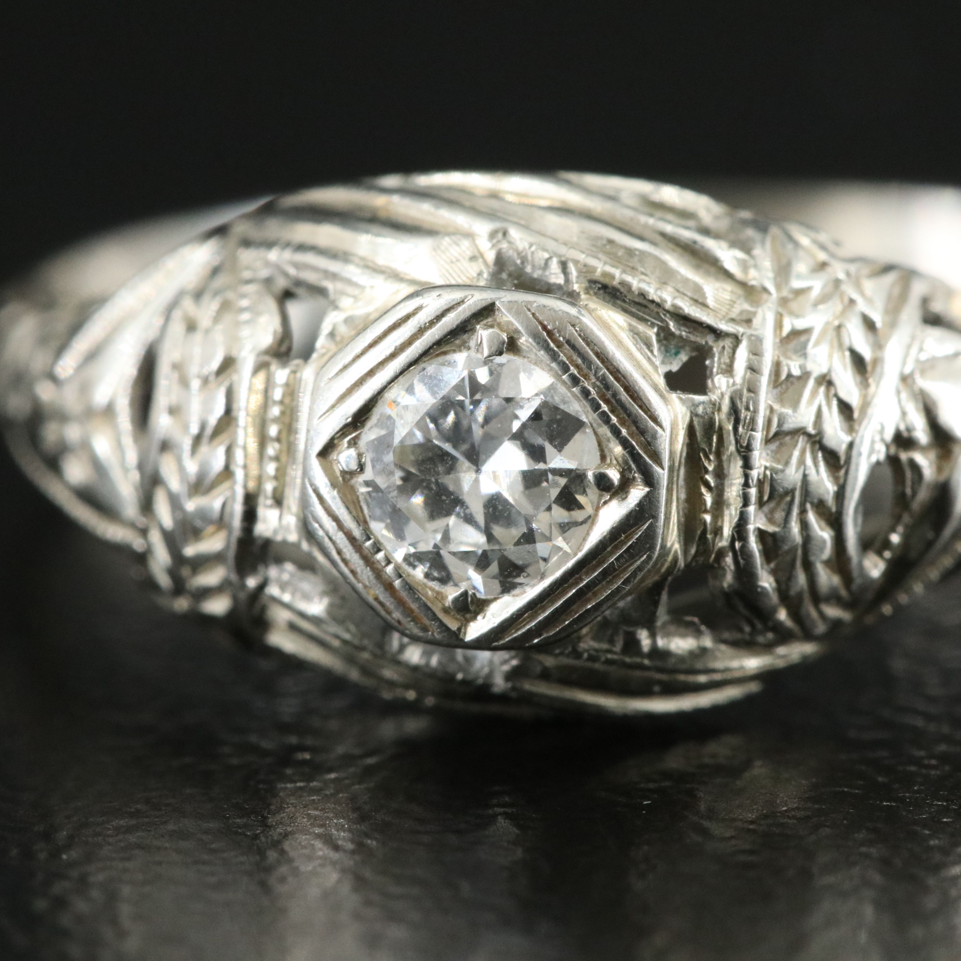 Edwardian 18K 0.21 CT Diamond Solitaire Ring with Engraved Orange Blossom Design