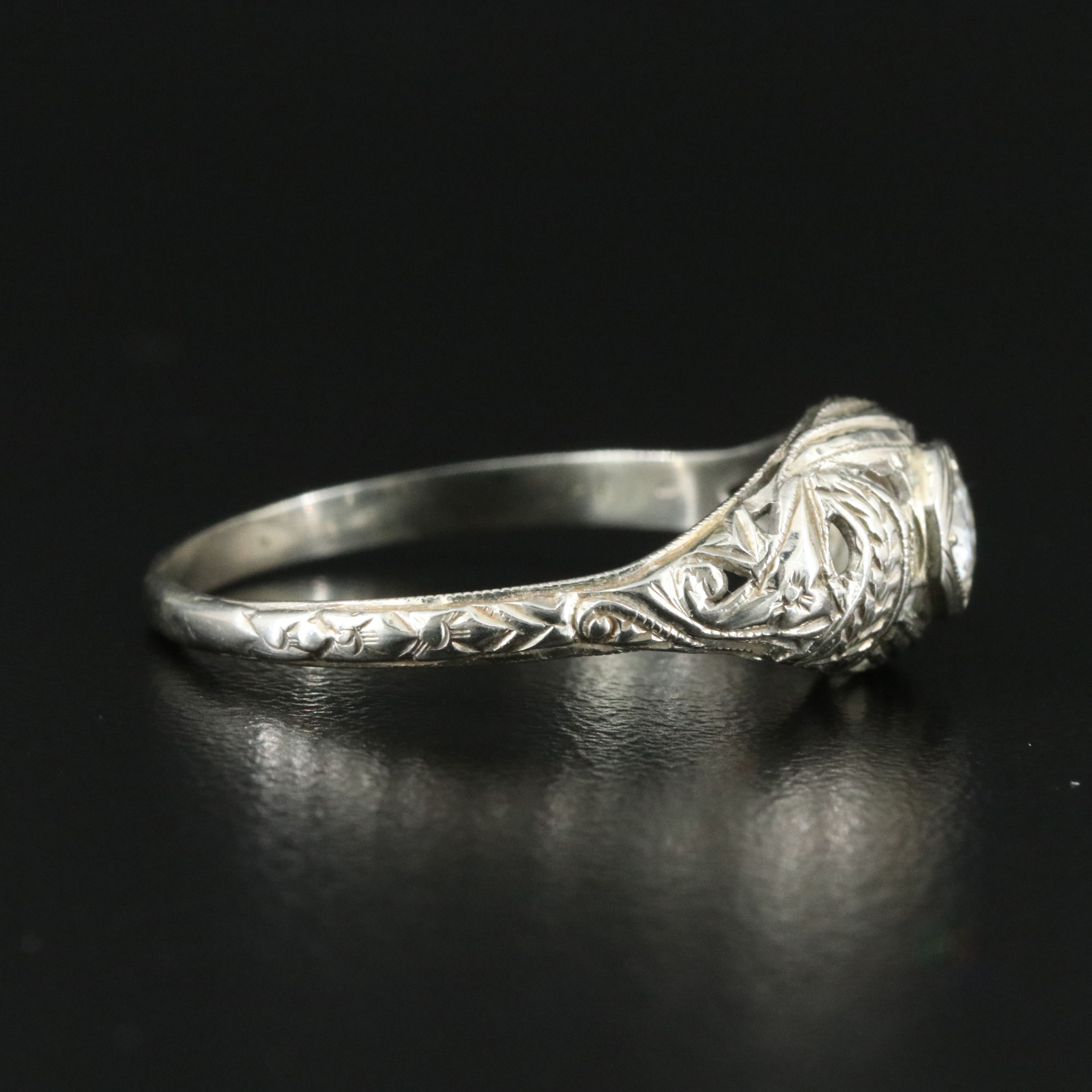 Edwardian 18K 0.21 CT Diamond Solitaire Ring with Engraved Orange Blossom Design