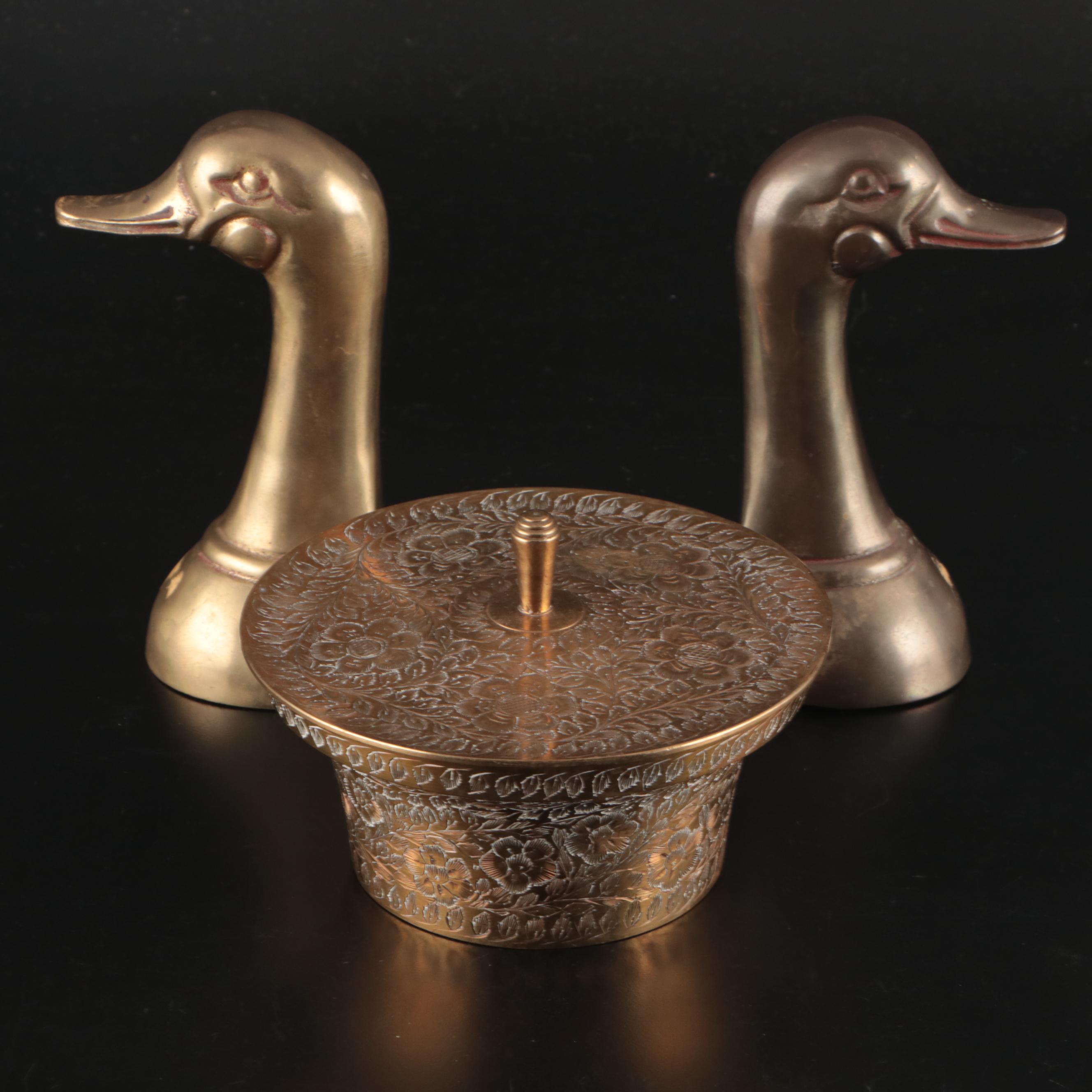 Indian Brass Floral Etched Lidded Box with Other Duck Head Bookends