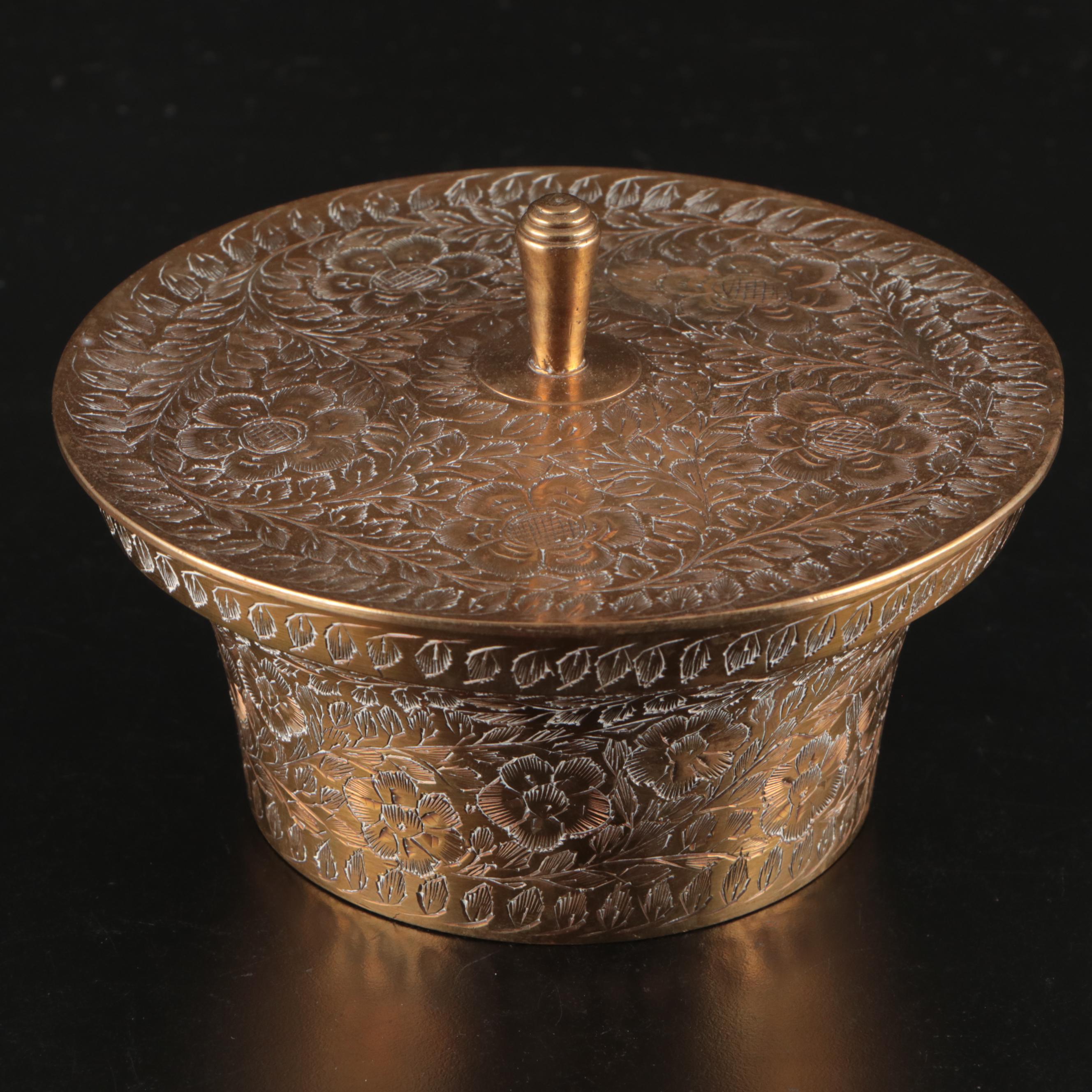 Indian Brass Floral Etched Lidded Box with Other Duck Head Bookends