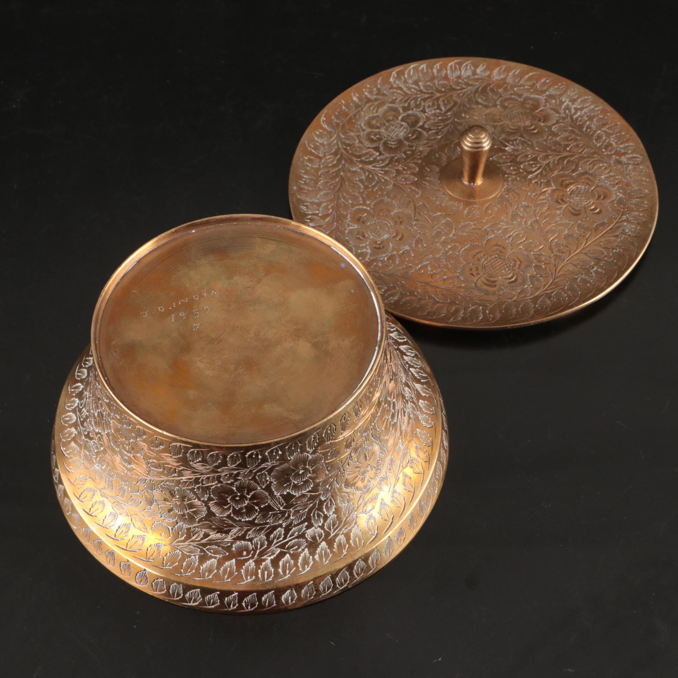 Indian Brass Floral Etched Lidded Box with Other Duck Head Bookends