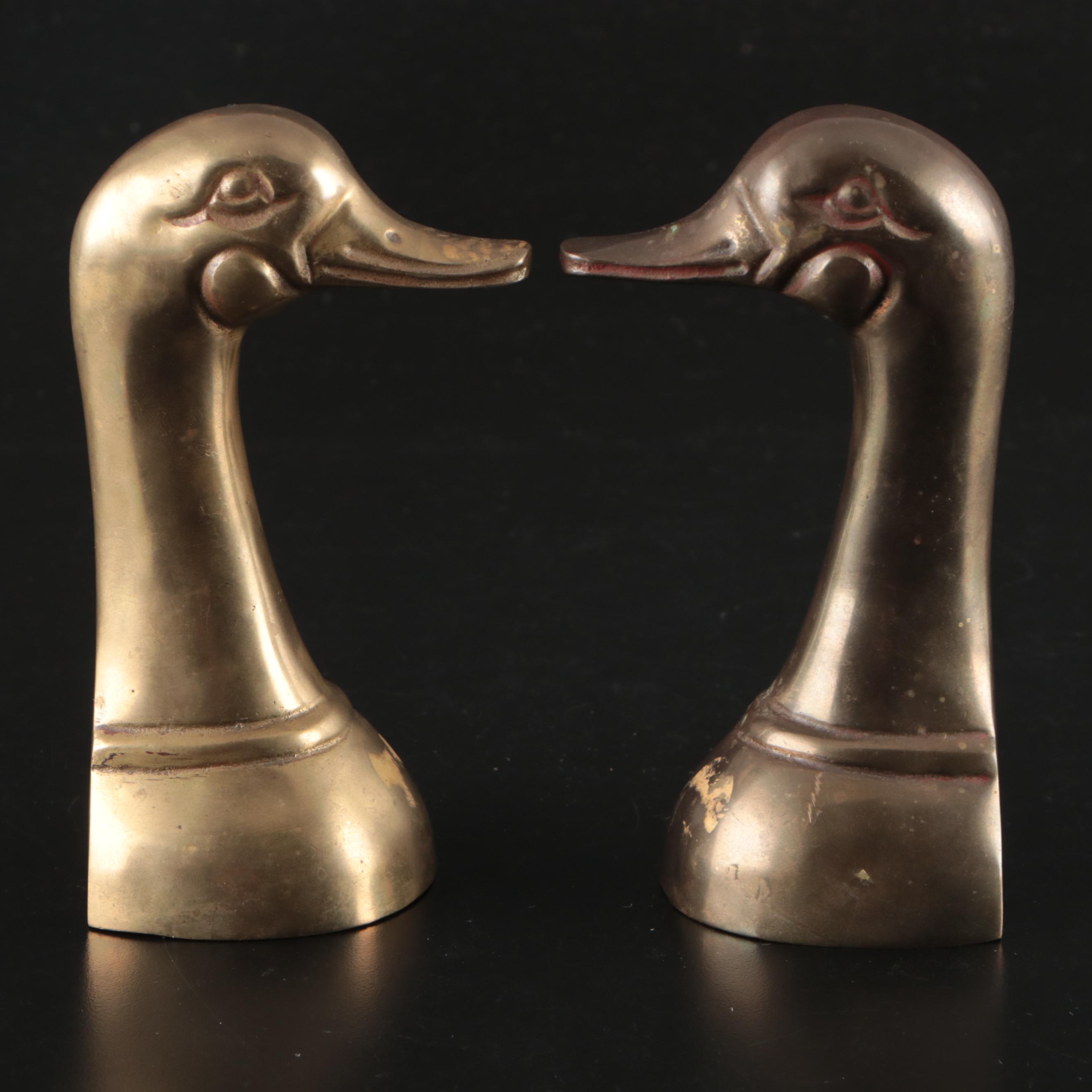 Indian Brass Floral Etched Lidded Box with Other Duck Head Bookends