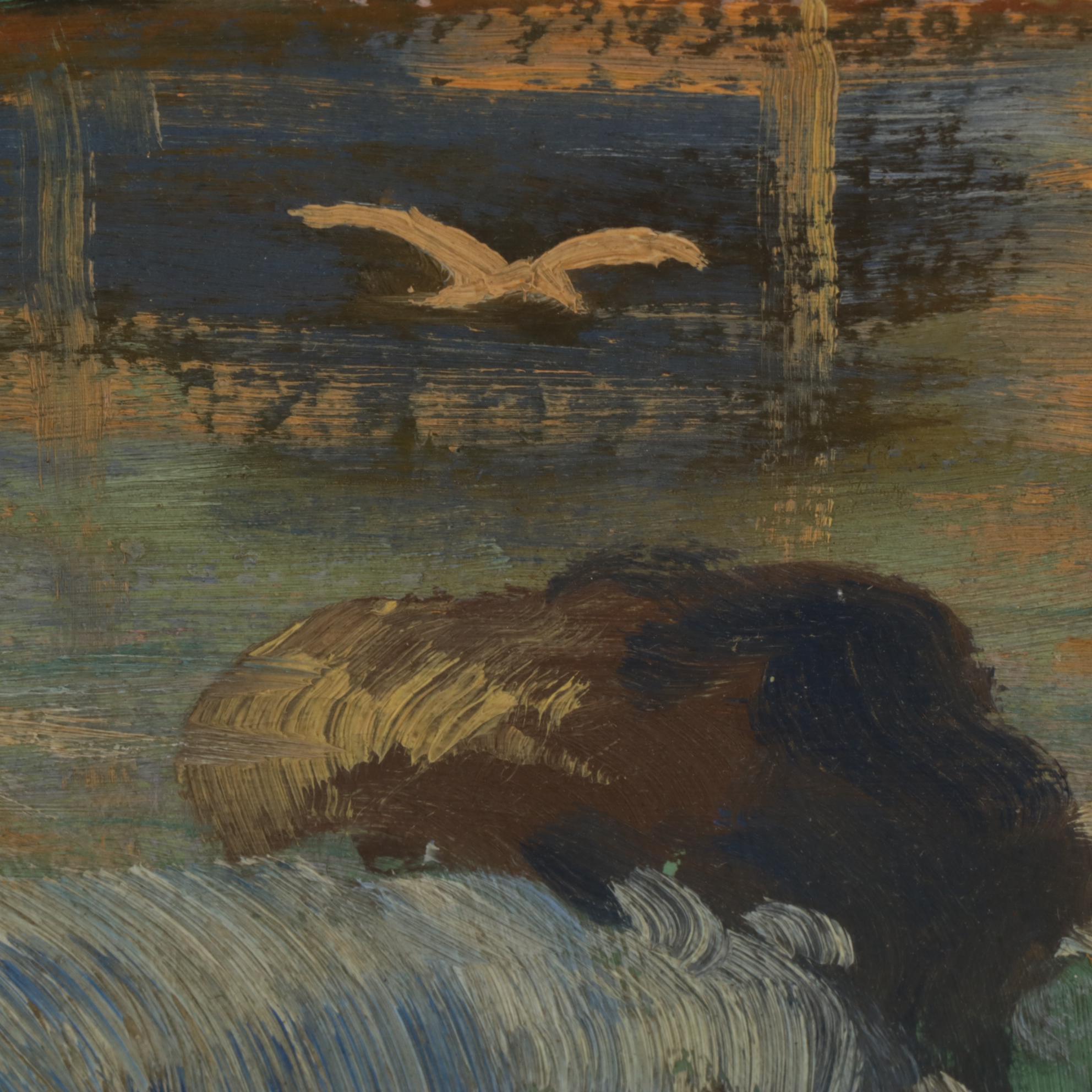 Landscape Oil Painting Depicts Castle in a River Valley at Sunset