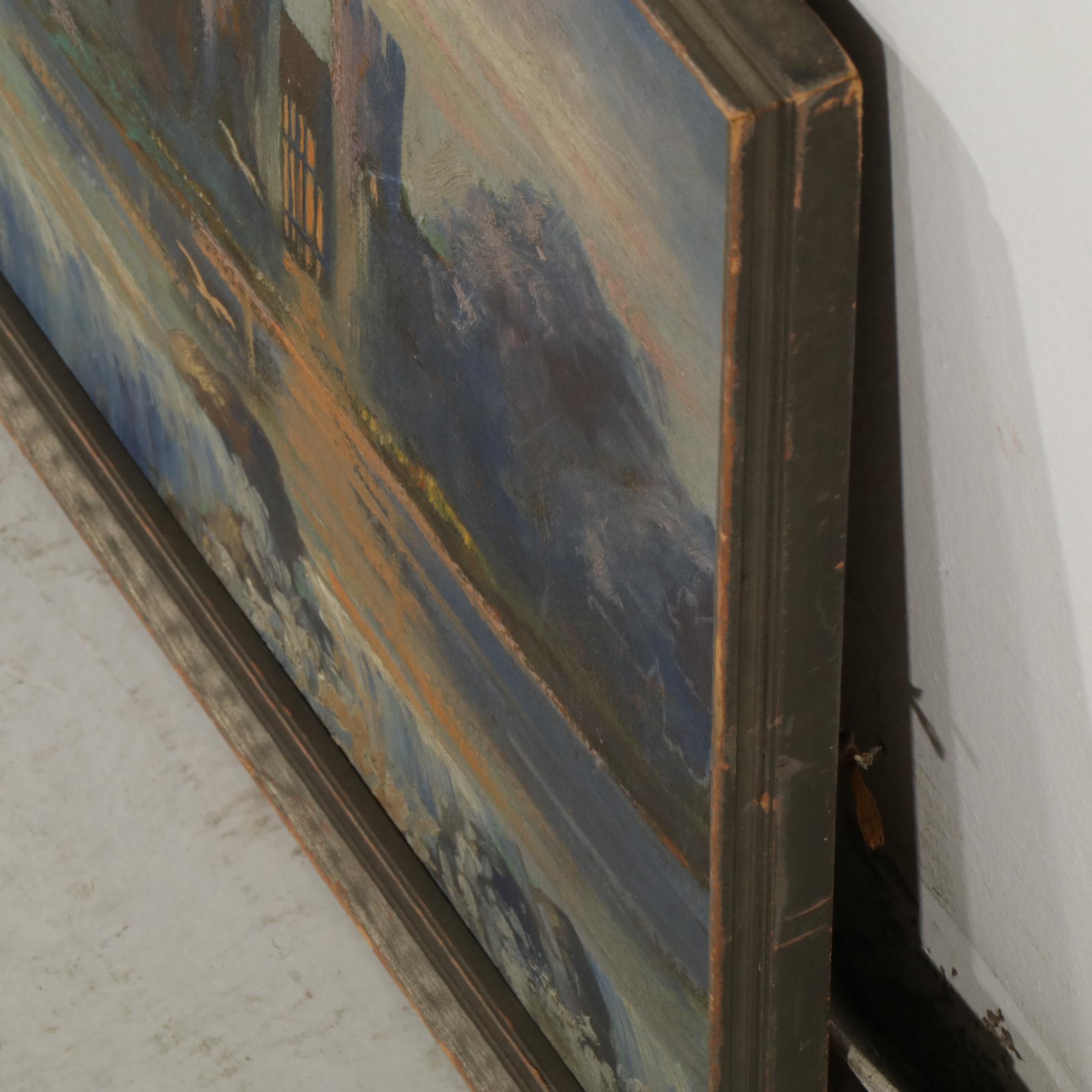 Landscape Oil Painting Depicts Castle in a River Valley at Sunset