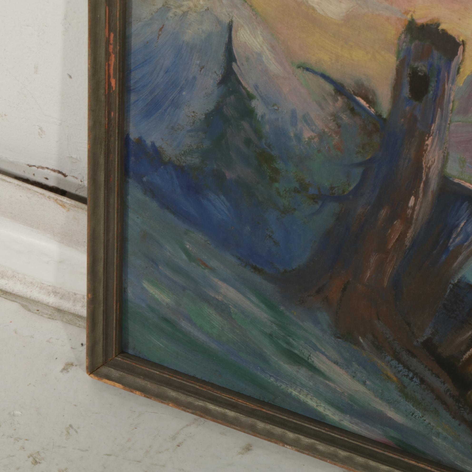 Landscape Oil Painting Depicts Castle in a River Valley at Sunset