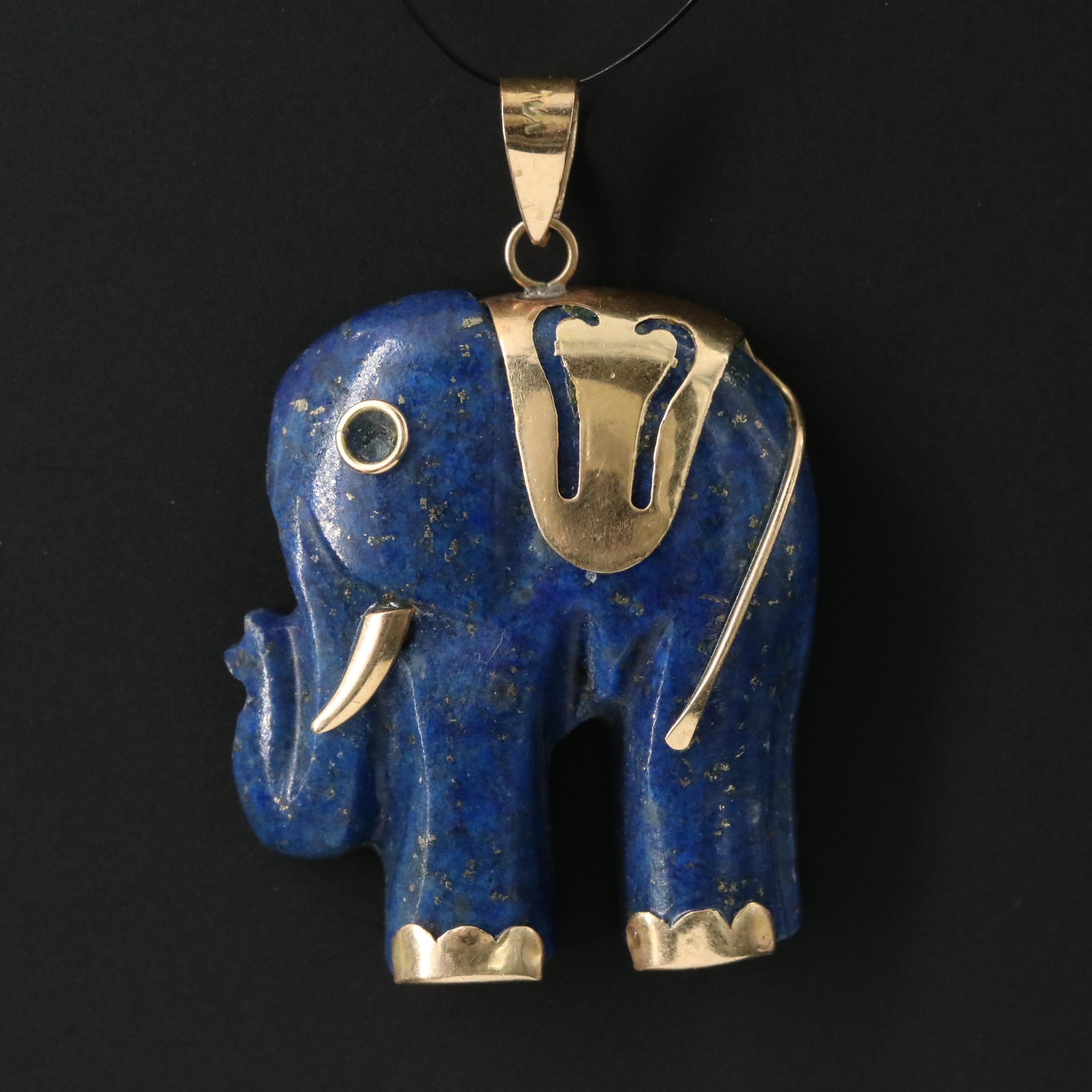 14K Carved Lapis Lazuli Elephant Pendant