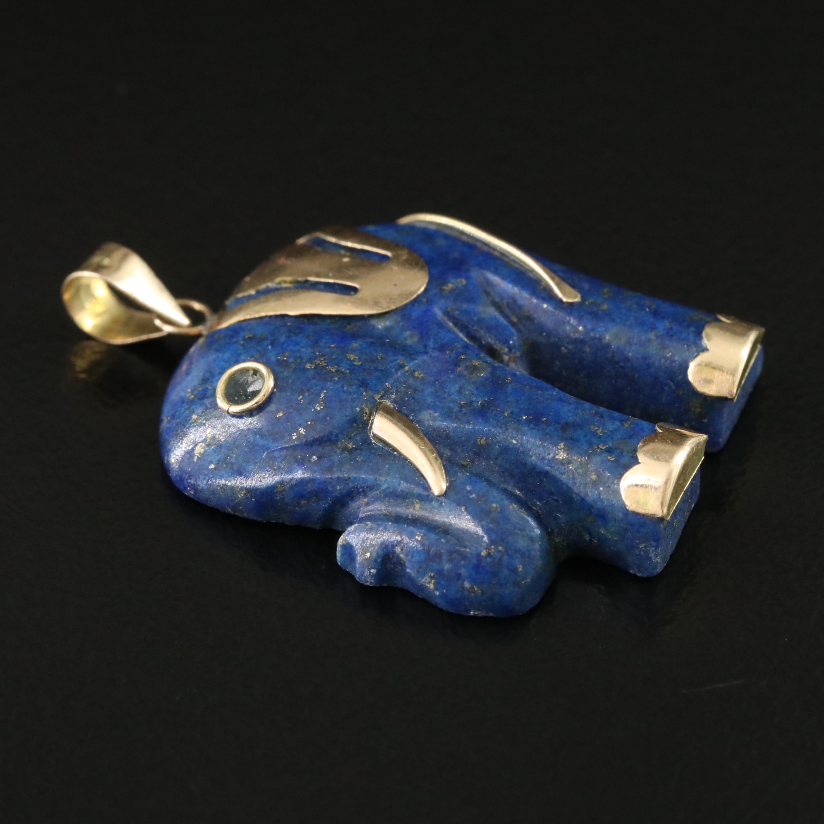 14K Carved Lapis Lazuli Elephant Pendant