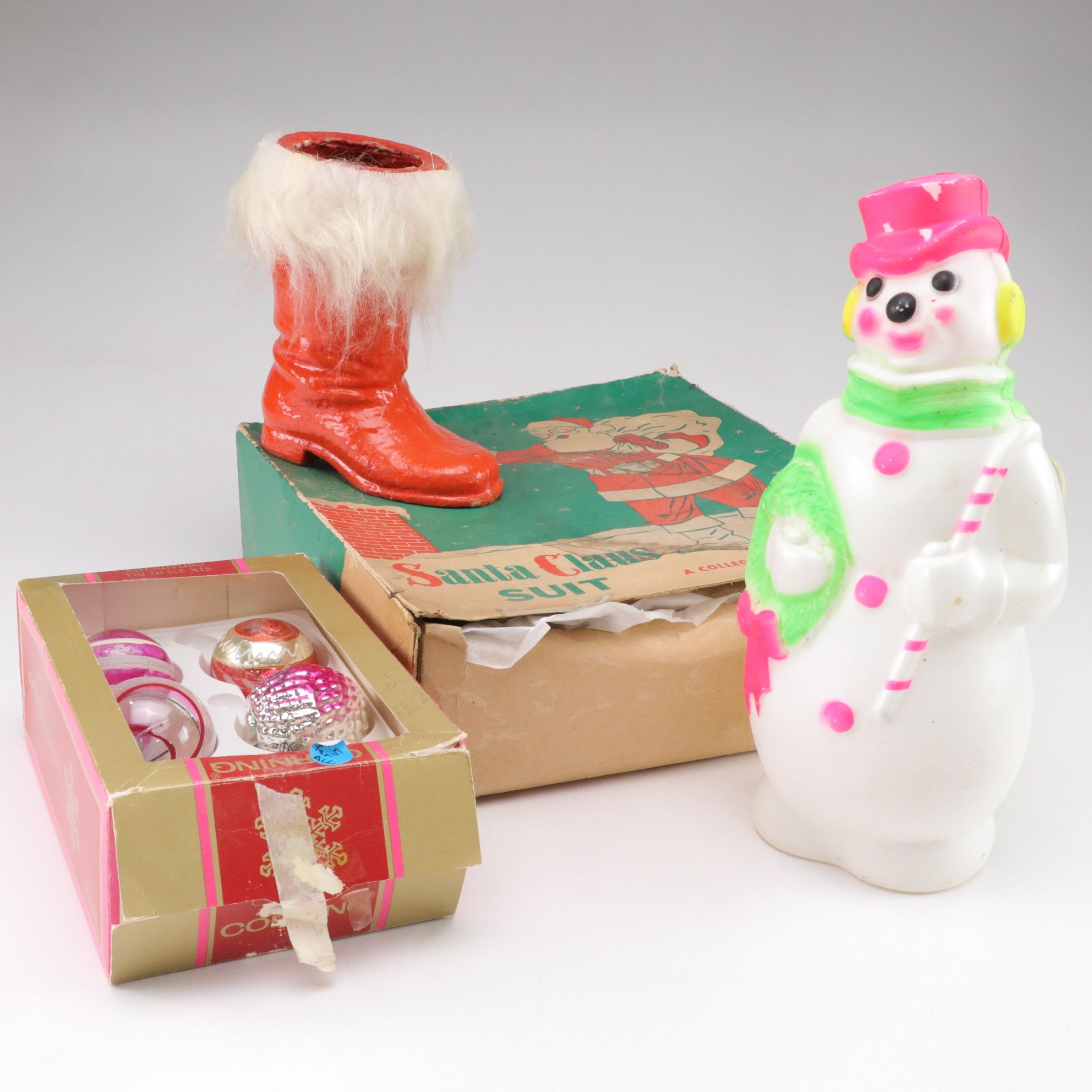 Dime Store Santa Suit In Box With Other Christmas Decorations and Ornaments