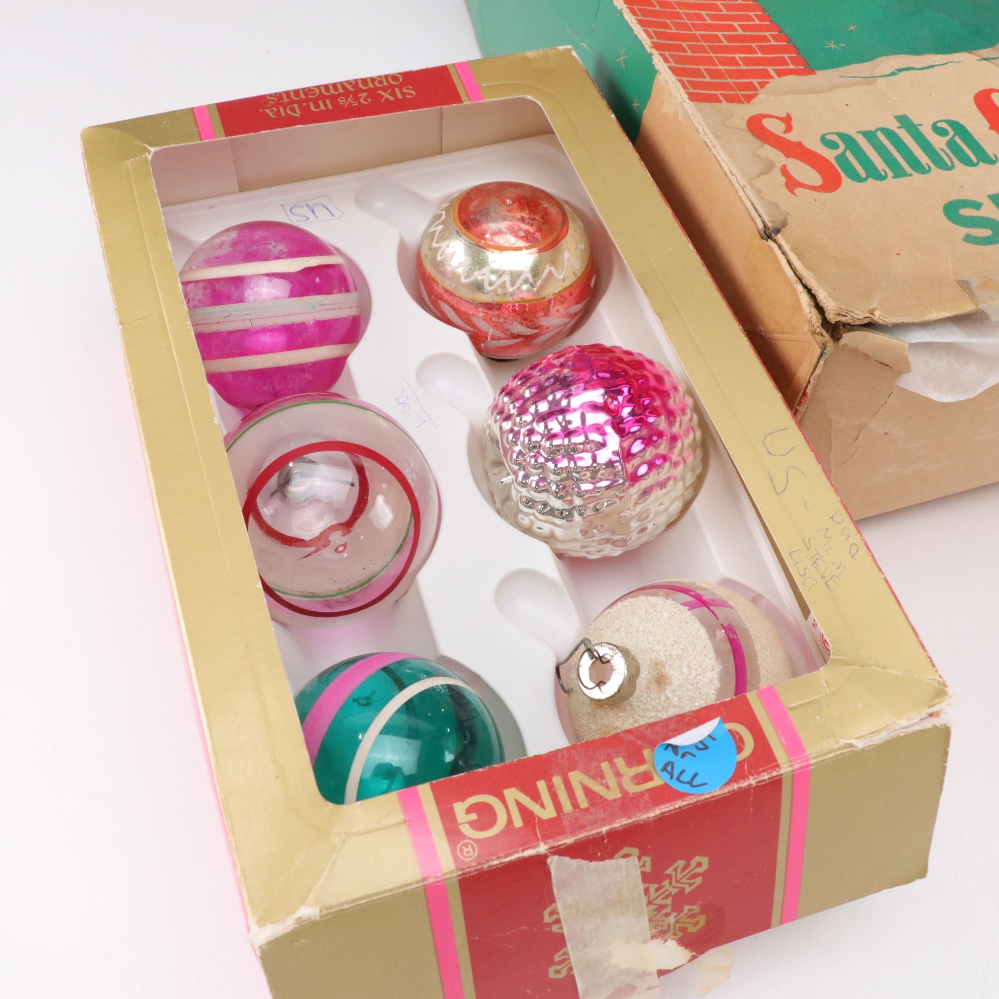 Dime Store Santa Suit In Box With Other Christmas Decorations and Ornaments