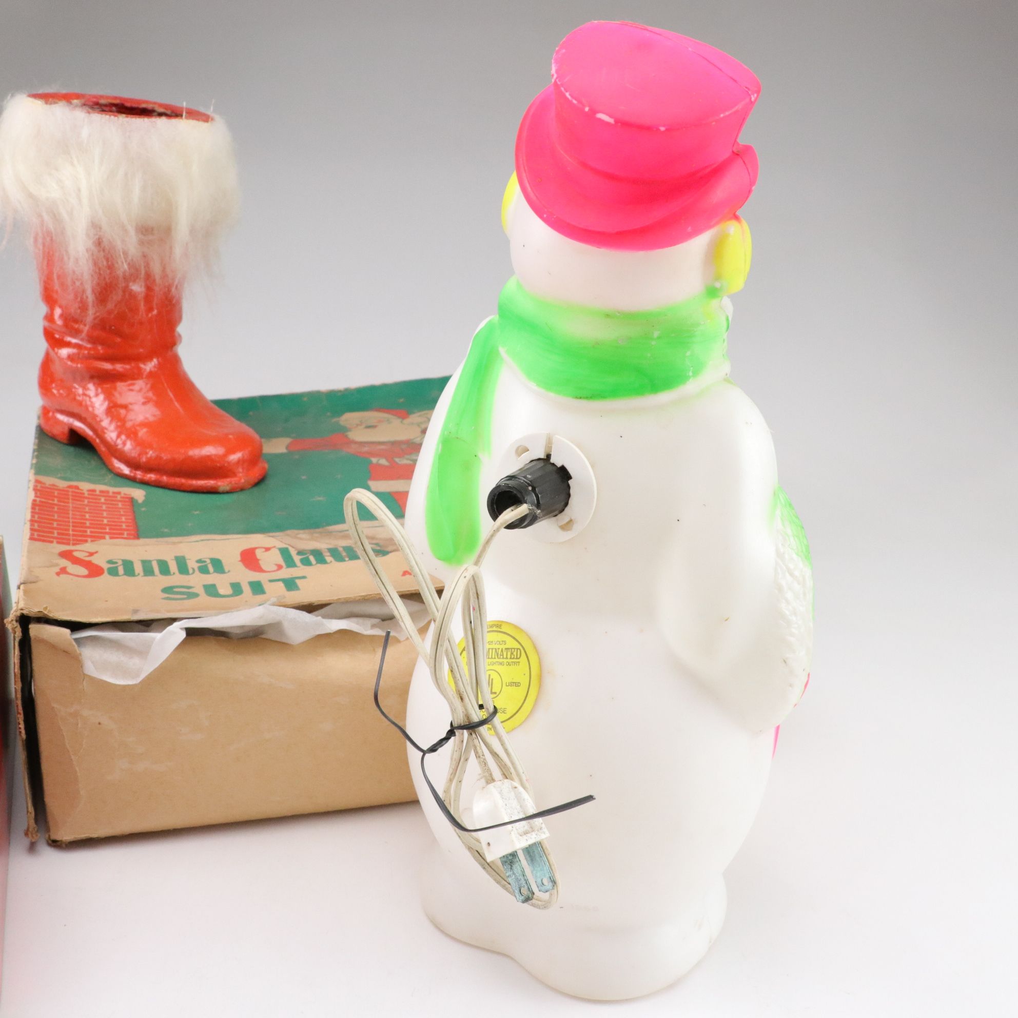 Dime Store Santa Suit In Box With Other Christmas Decorations and Ornaments