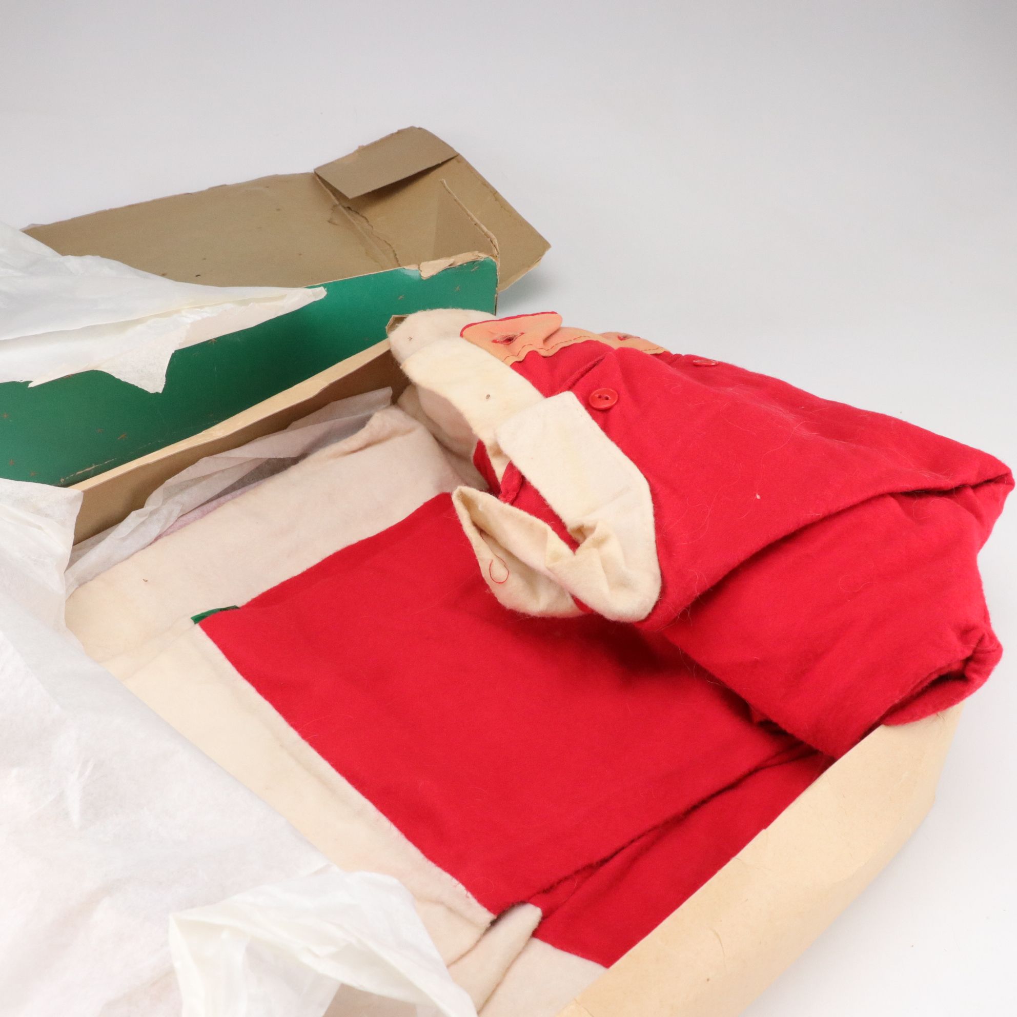 Dime Store Santa Suit In Box With Other Christmas Decorations and Ornaments