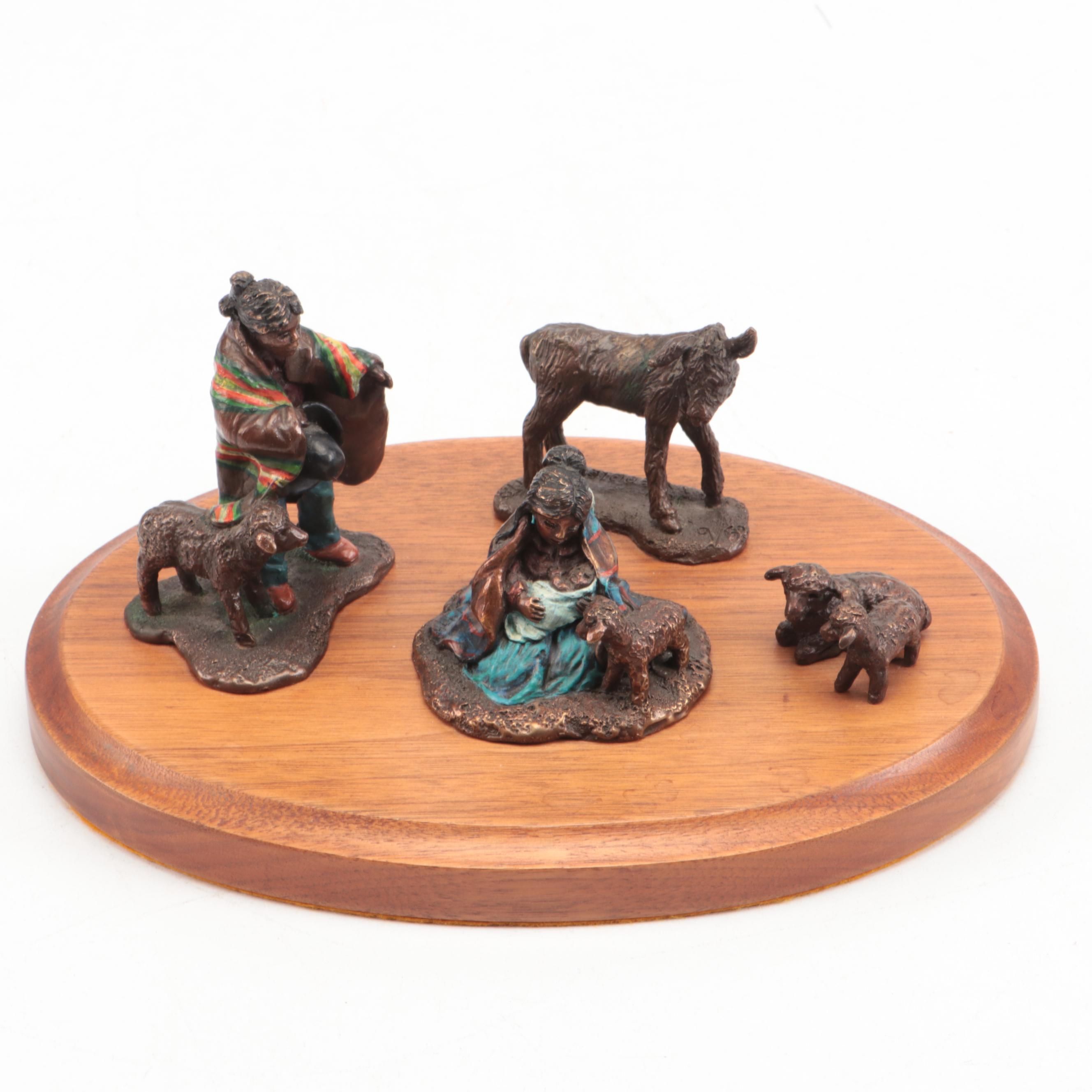 Southwestern Style Painted Bronzed Metal Nativity Scene on Wooden Pedestal