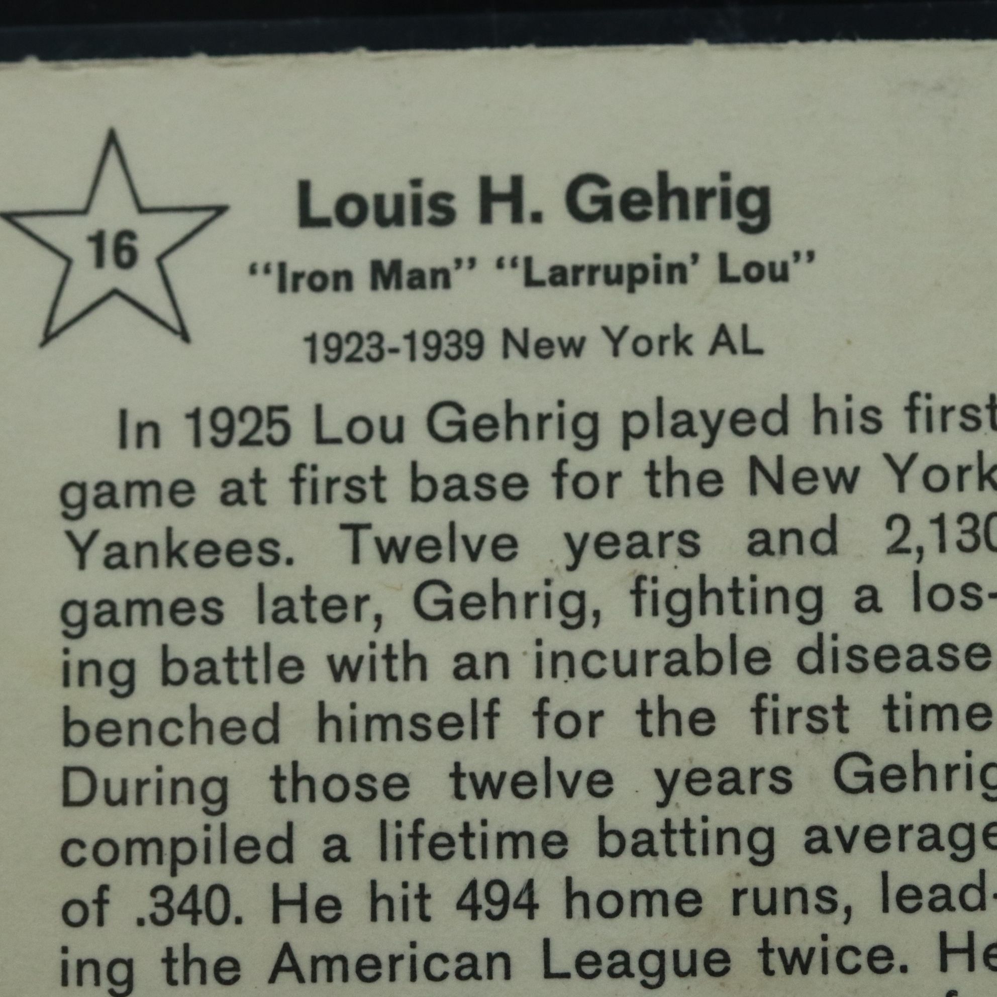 1961 Golden Press Lou Gehrig New York Yankees Baseball Card