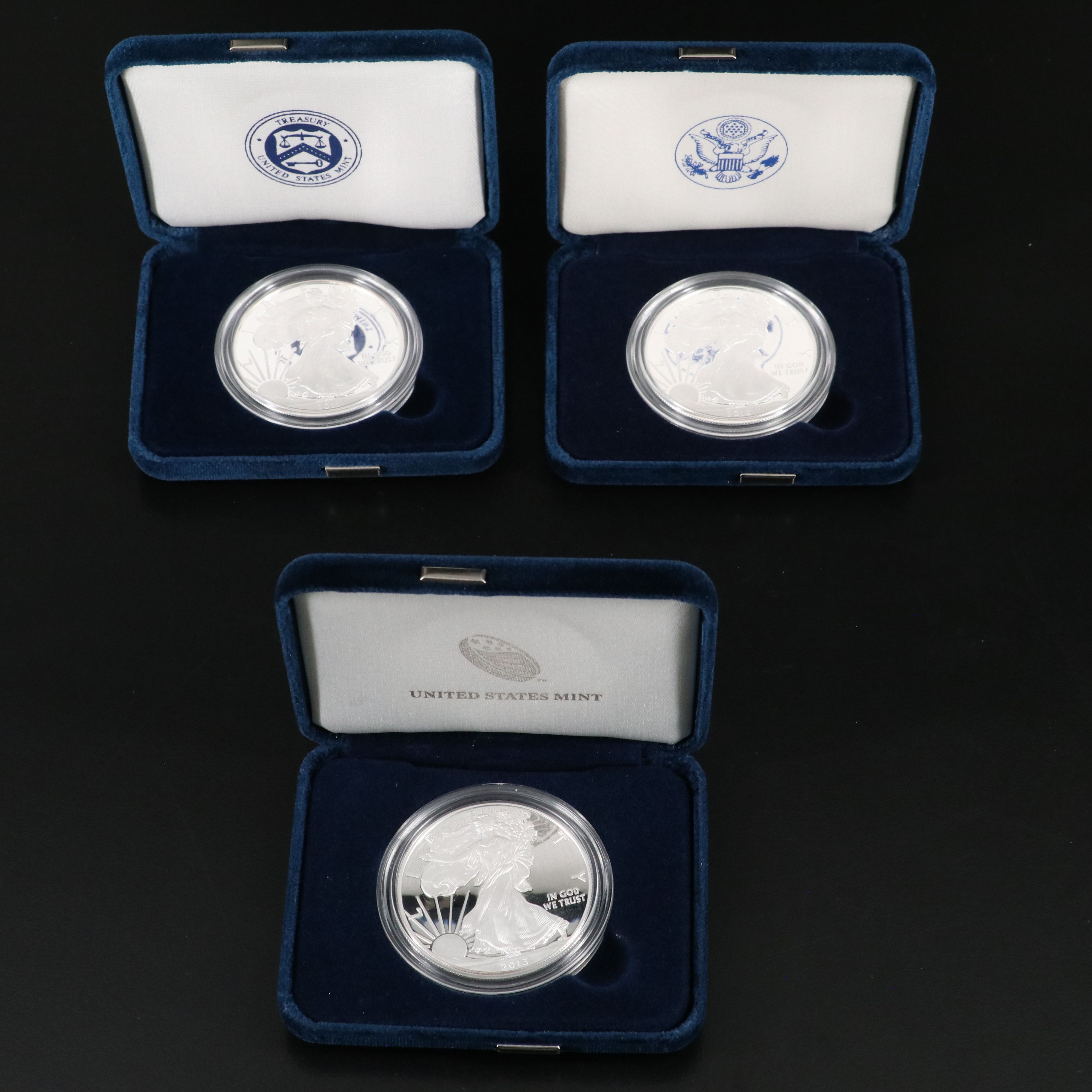 Three American Silver Eagle Proof Coins 2011, 2012, and 2013