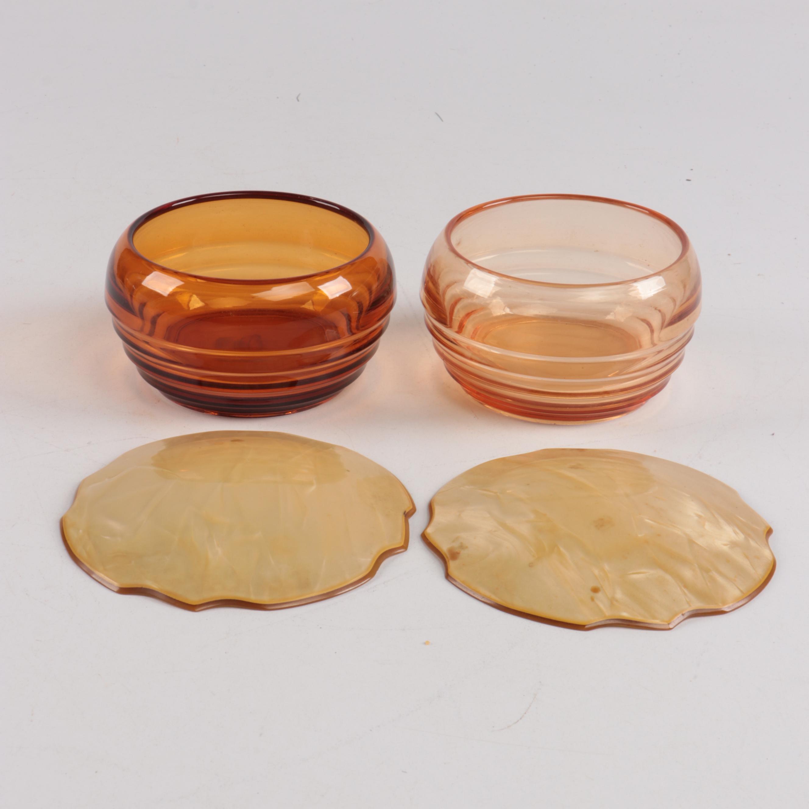 Scalloped Capiz Shell Bowl and Beehive Glass Bowls with Celluloid Lids