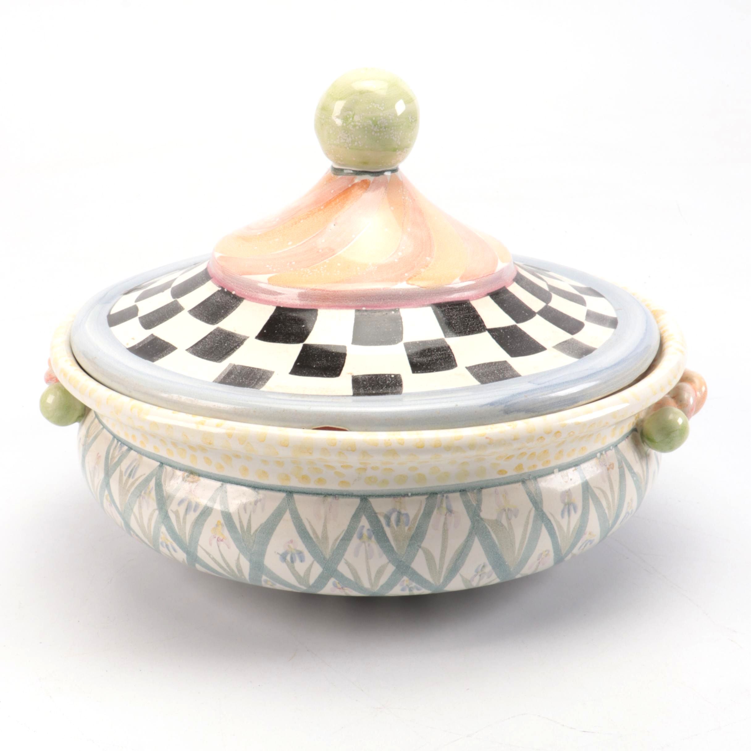 MacKenzie-Childs "Bearded Iris" Ceramic Covered Vegetable Bowl