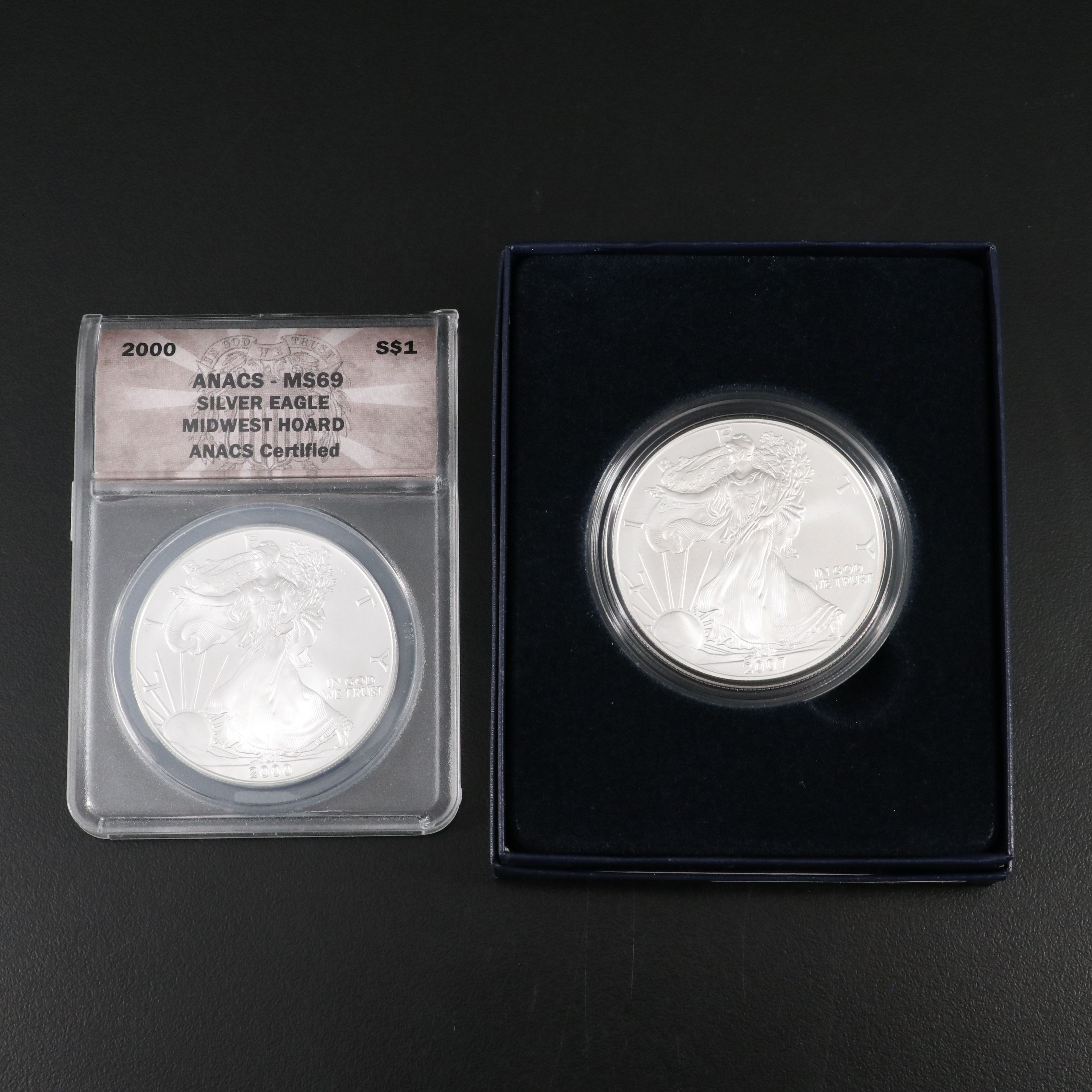 Two American Silver Eagle Coins 2000 and 2007