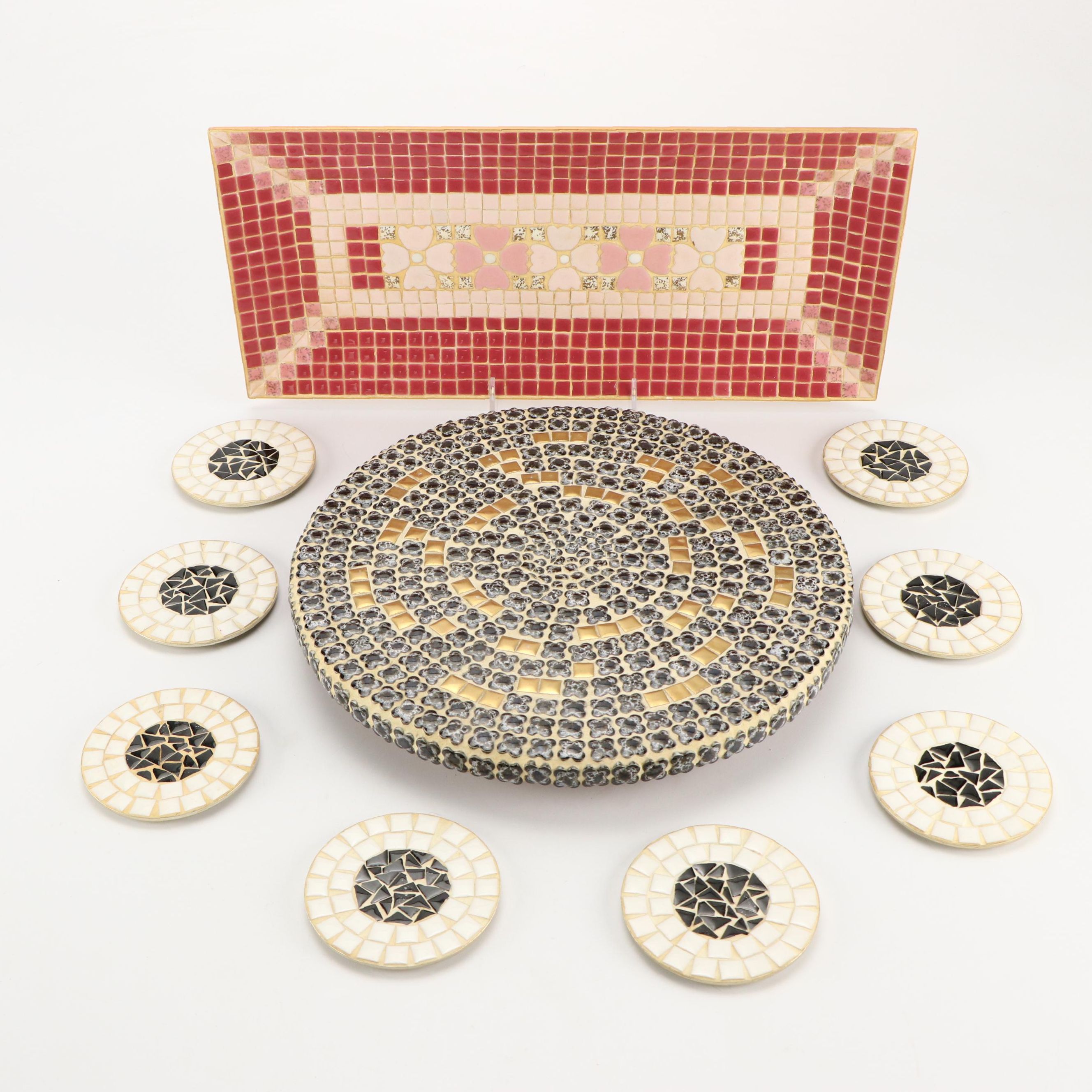 Handmade Mosaic Tile Stone and Metal Trays and Coasters, 1960s