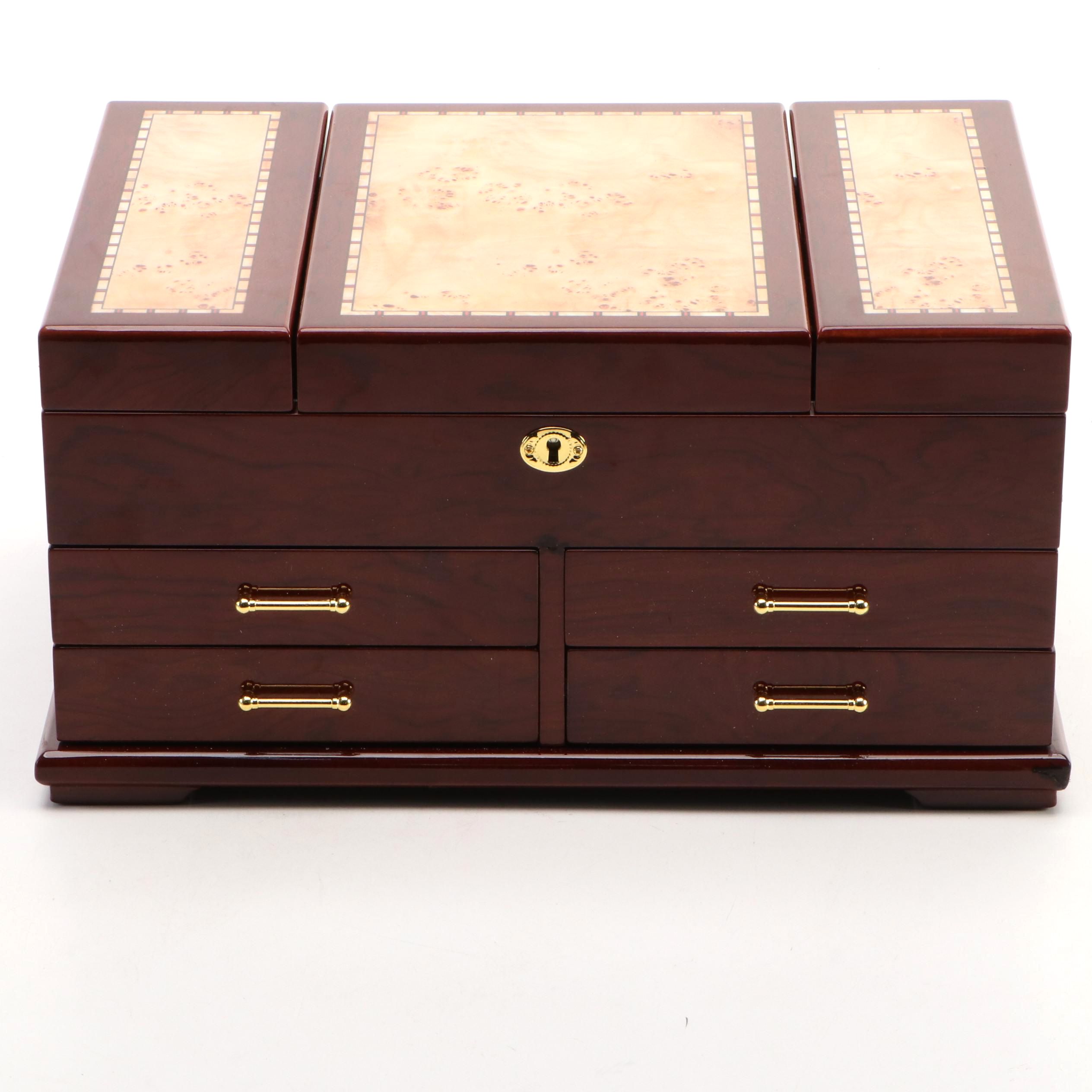 Jere High Gloss Bird's-Eye Maple and Mahogany Finish Jewelry Box