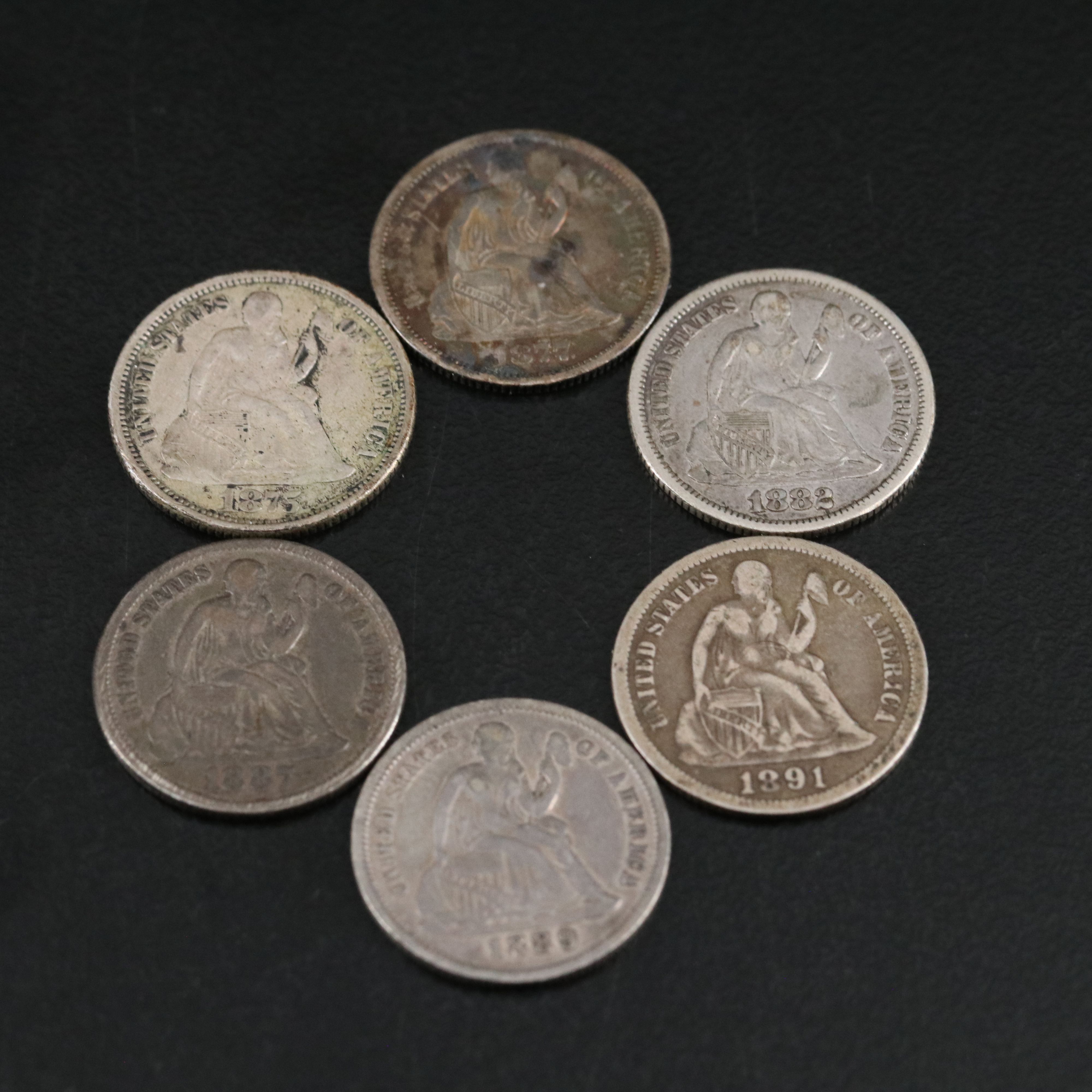 Six Different Silver Seated Liberty Dimes